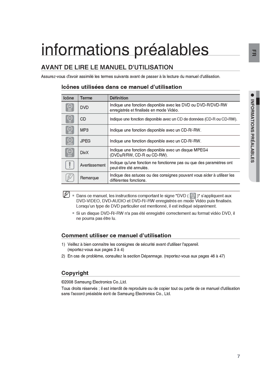 Samsung RTS-HE10T/XEF manual Informations préalables, Avant DE Lire LE Manuel Dutilisation, Copyright 