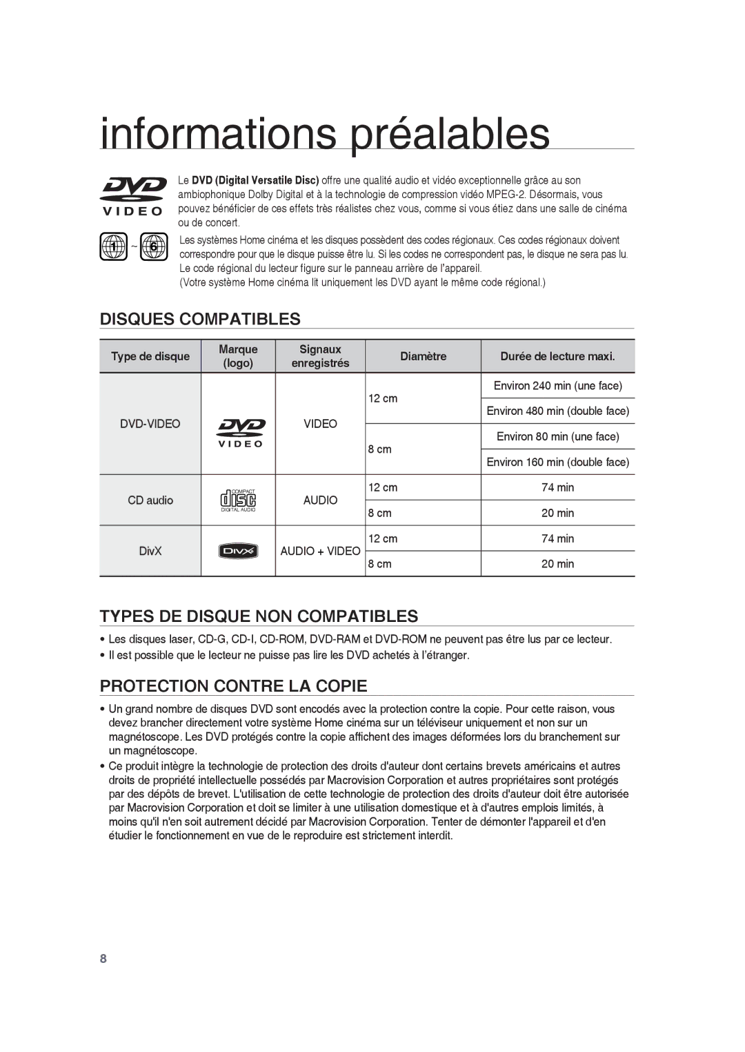 Samsung RTS-HE10T/XEF manual Disques Compatibles, Types DE Disque NON Compatibles, Protection Contre LA Copie, 12 cm 