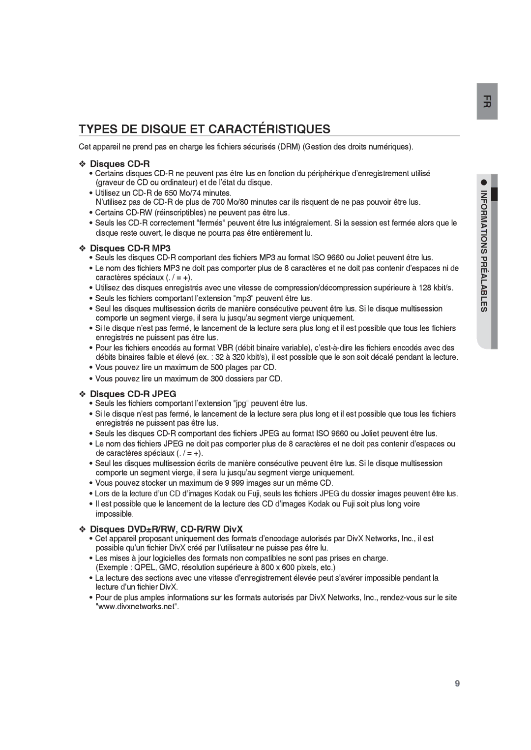 Samsung RTS-HE10T/XEF manual Types DE Disque ET Caractéristiques, Disques CD-R 