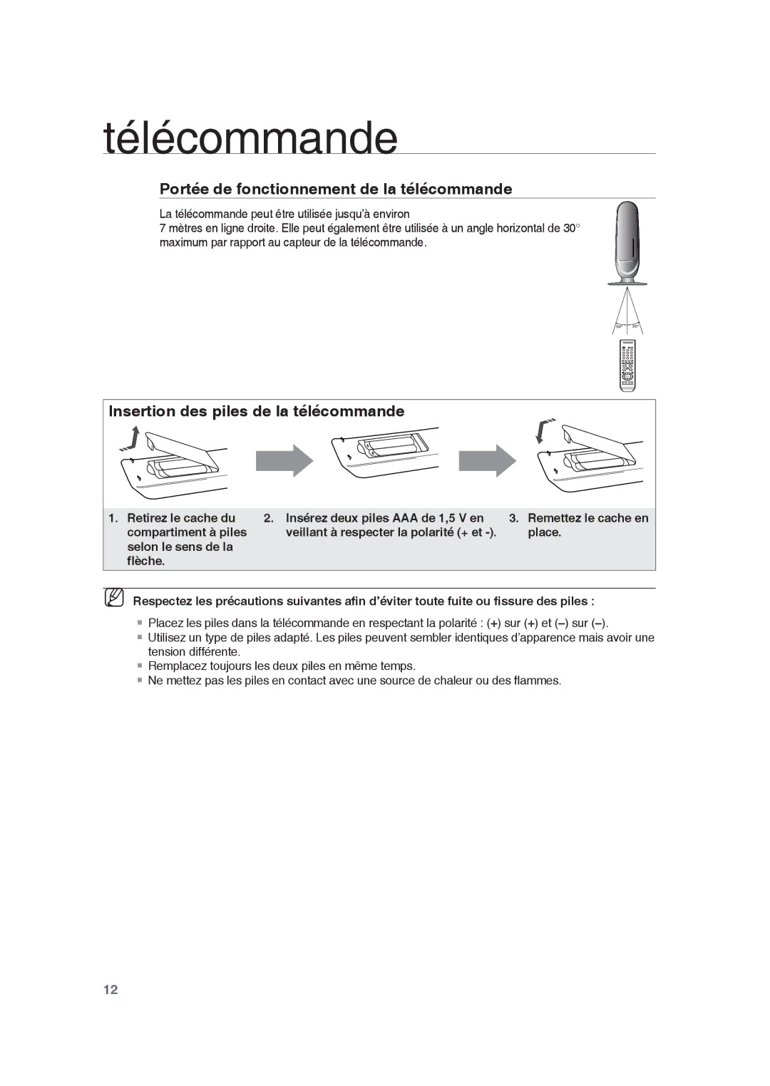 Samsung RTS-HE10T/XEF Télécommande, Portée de fonctionnement de la télécommande, Insertion des piles de la télécommande 