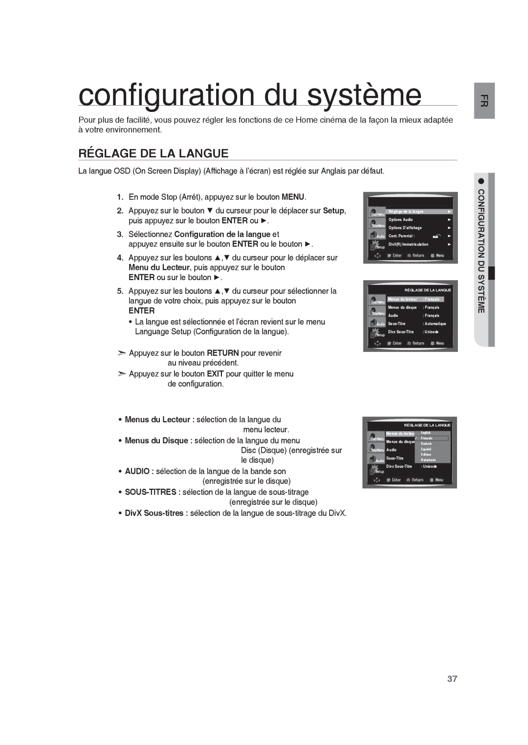 Samsung RTS-HE10T/XEF manual Conﬁguration du système, Réglage DE LA Langue, Sélectionnez Conﬁguration de la langue et 