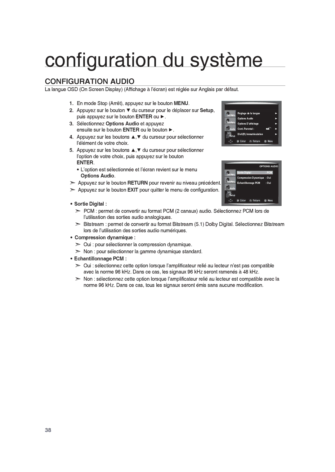 Samsung RTS-HE10T/XEF manual Configuration Audio, Sortie Digital, Compression dynamique, Echantillonnage PCM 