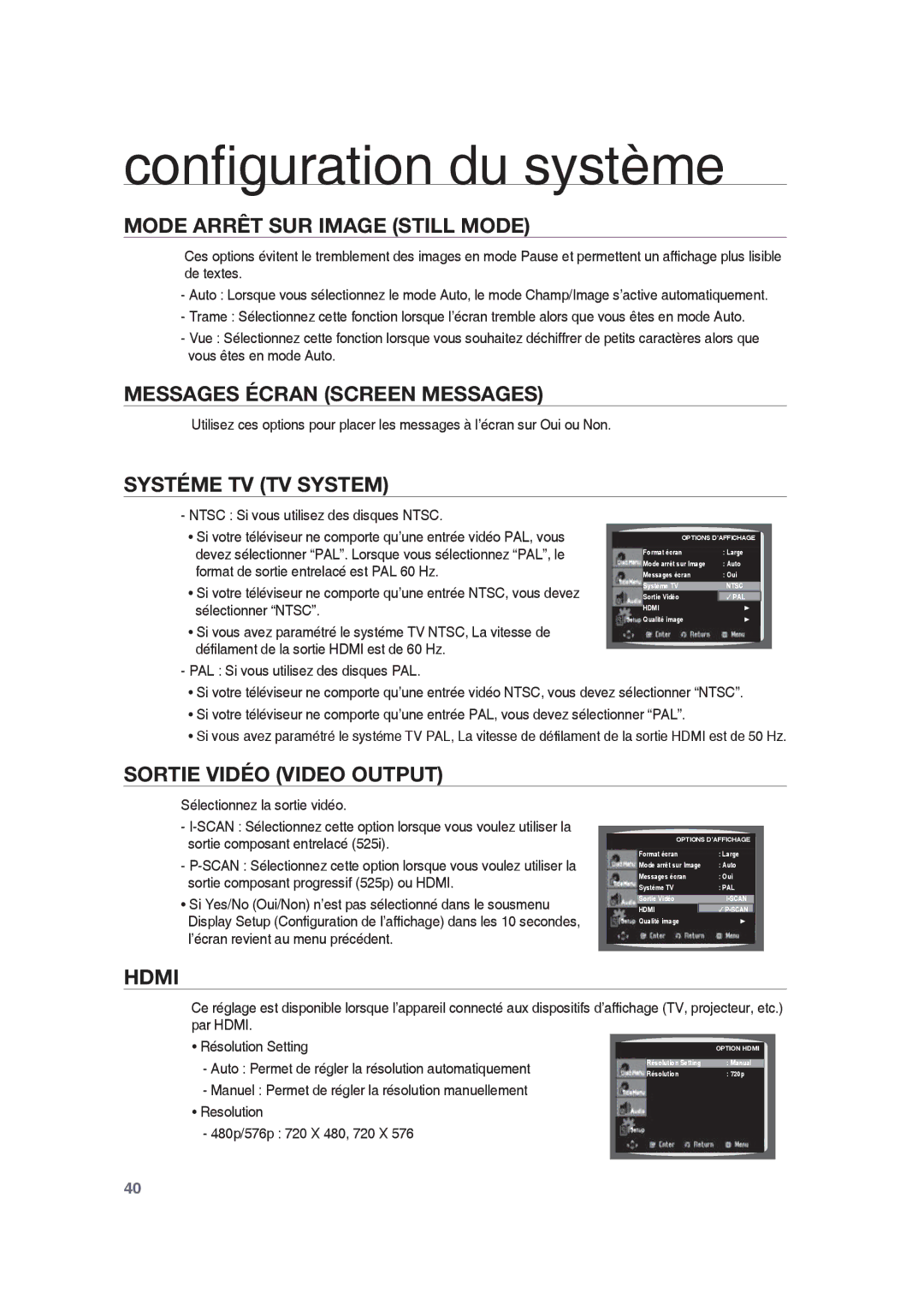 Samsung RTS-HE10T/XEF manual Mode Arrêt SUR Image Still Mode, Ntsc Si vous utilisez des disques Ntsc 