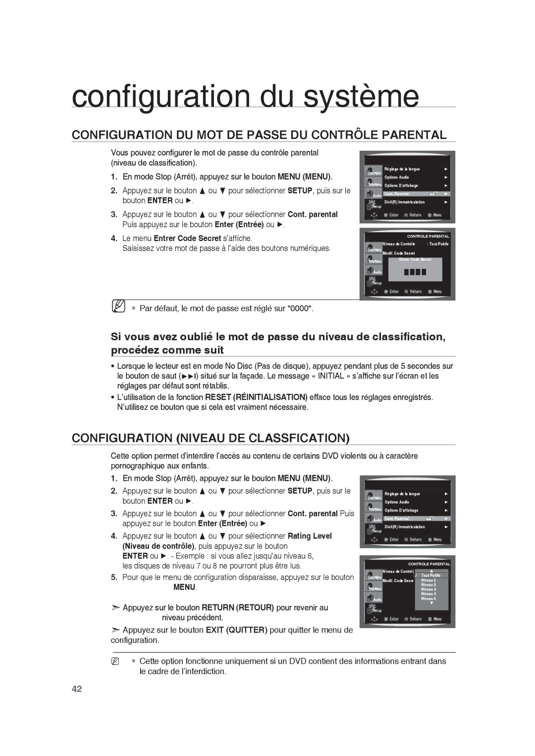 Samsung RTS-HE10T/XEF manual Configuration DU MOT DE Passe DU Contrôle Parental, Configuration Niveau DE Classfication 