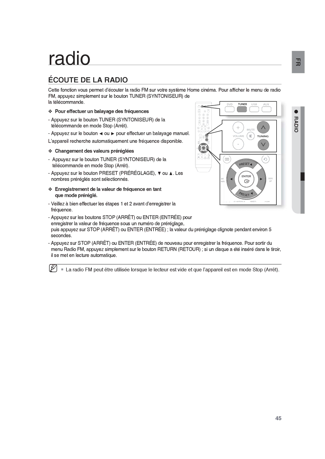 Samsung RTS-HE10T/XEF Écoute DE LA Radio, Pour effectuer un balayage des fréquences, Changement des valeurs préréglées 