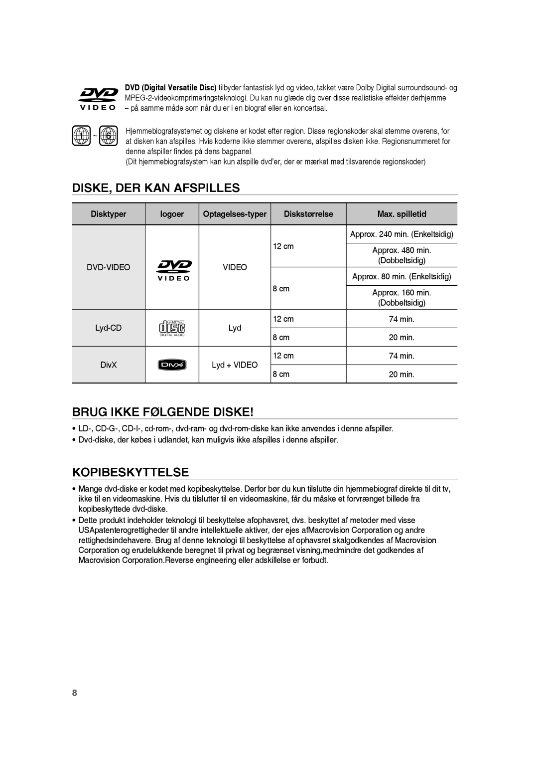 Samsung RTS-HE20T/XEE manual DISKE, DER KAN Afspilles, Brug Ikke Følgende Diske, Kopibeskyttelse, Logoer, Diskstørrelse 