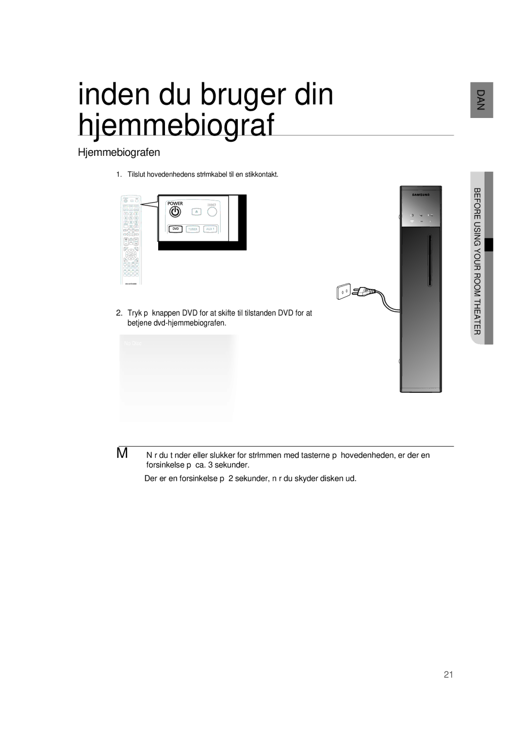 Samsung RTS-HE20T/XEE manual Inden du bruger din hjemmebiograf, Hjemmebiografen 