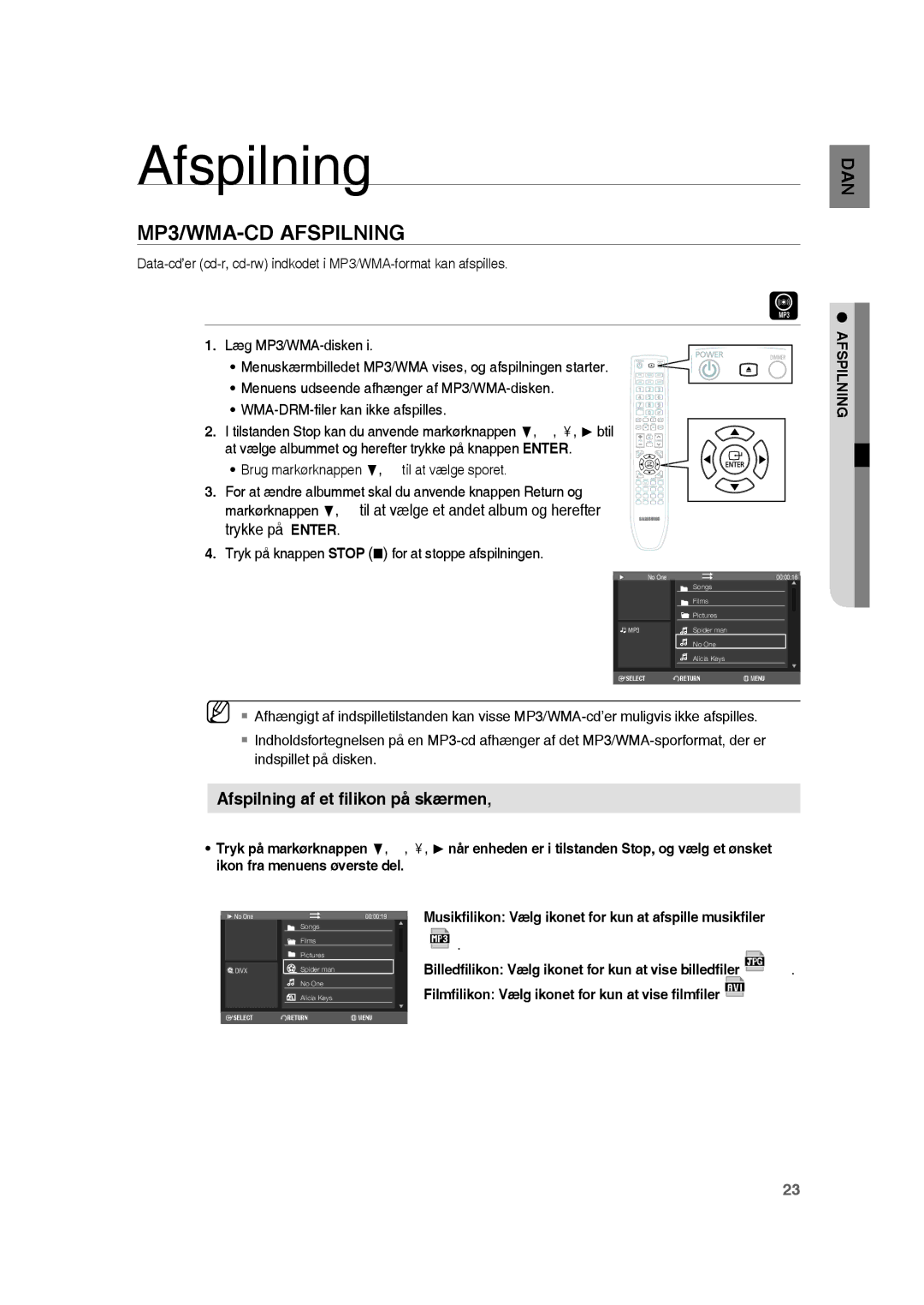 Samsung RTS-HE20T/XEE manual Afspilning af et ﬁlikon på skærmen 