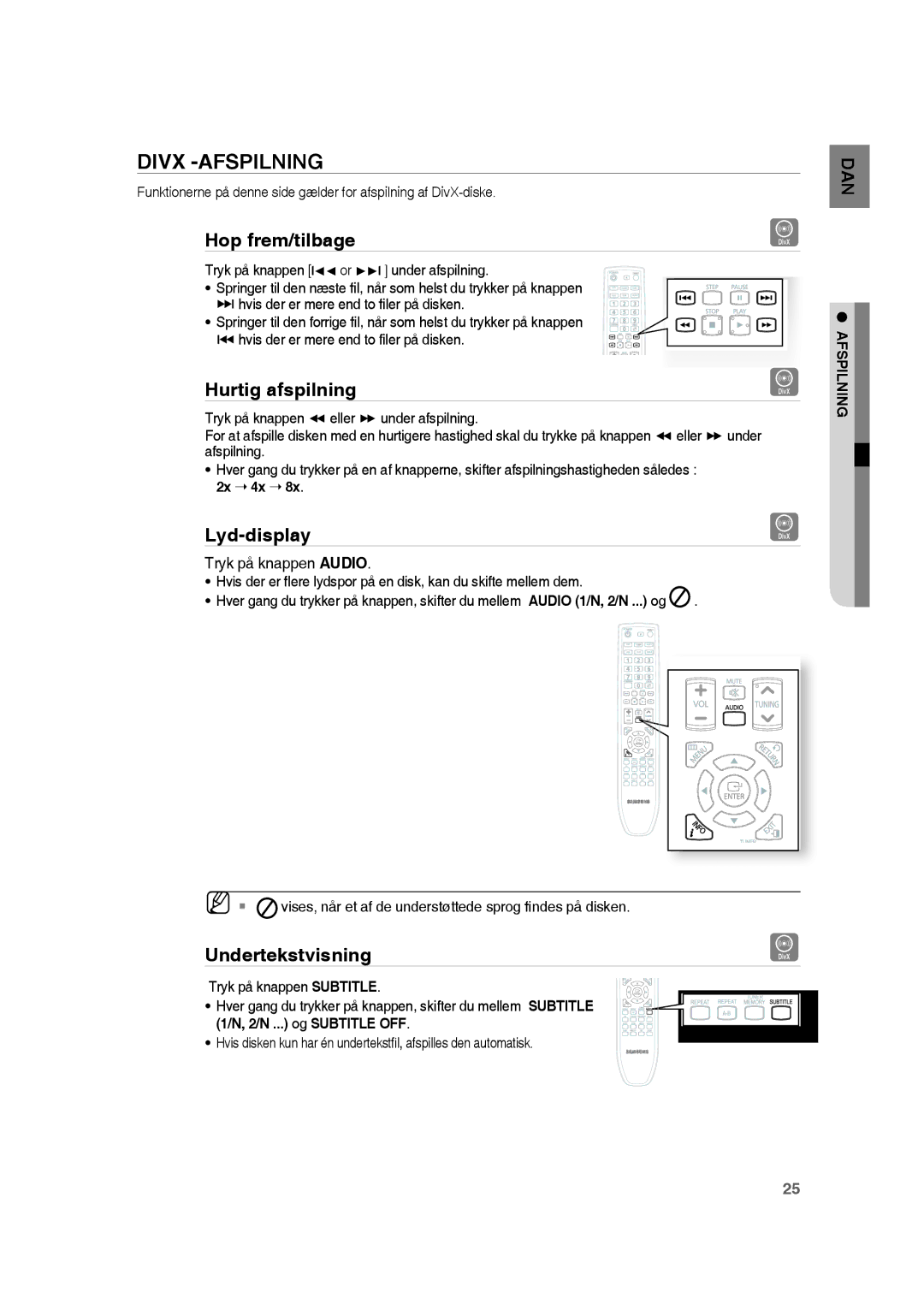 Samsung RTS-HE20T/XEE manual Divx -AFSPILNING, Hop frem/tilbage, Hurtig afspilning, Lyd-display, Undertekstvisning 