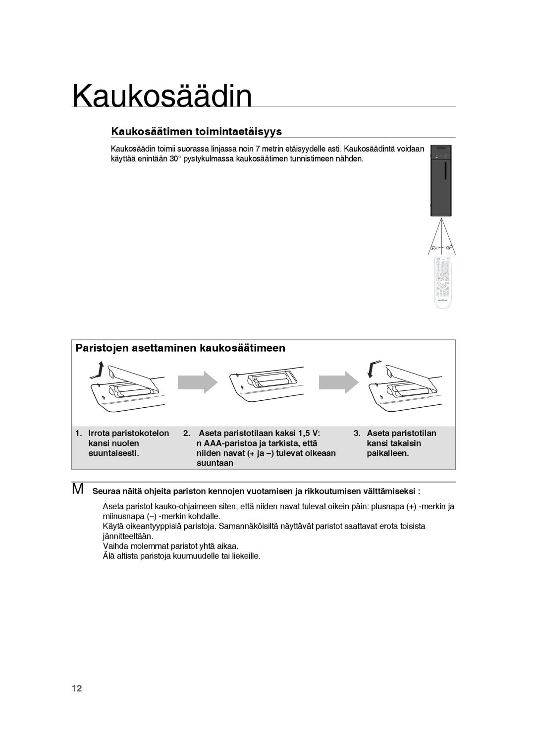 Samsung RTS-HE20T/XEE manual Kaukosäädin, Kaukosäätimen toimintaetäisyys, Paristojen asettaminen kaukosäätimeen 