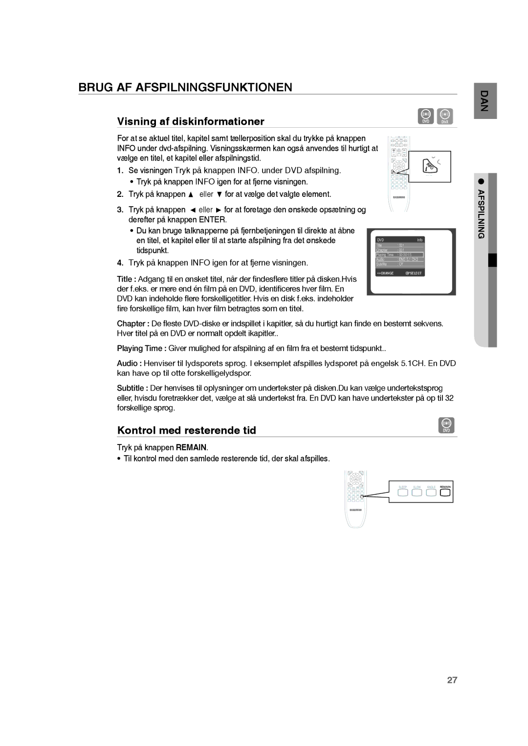 Samsung RTS-HE20T/XEE manual Brug AF Afspilningsfunktionen, Visning af diskinformationer, Kontrol med resterende tid 