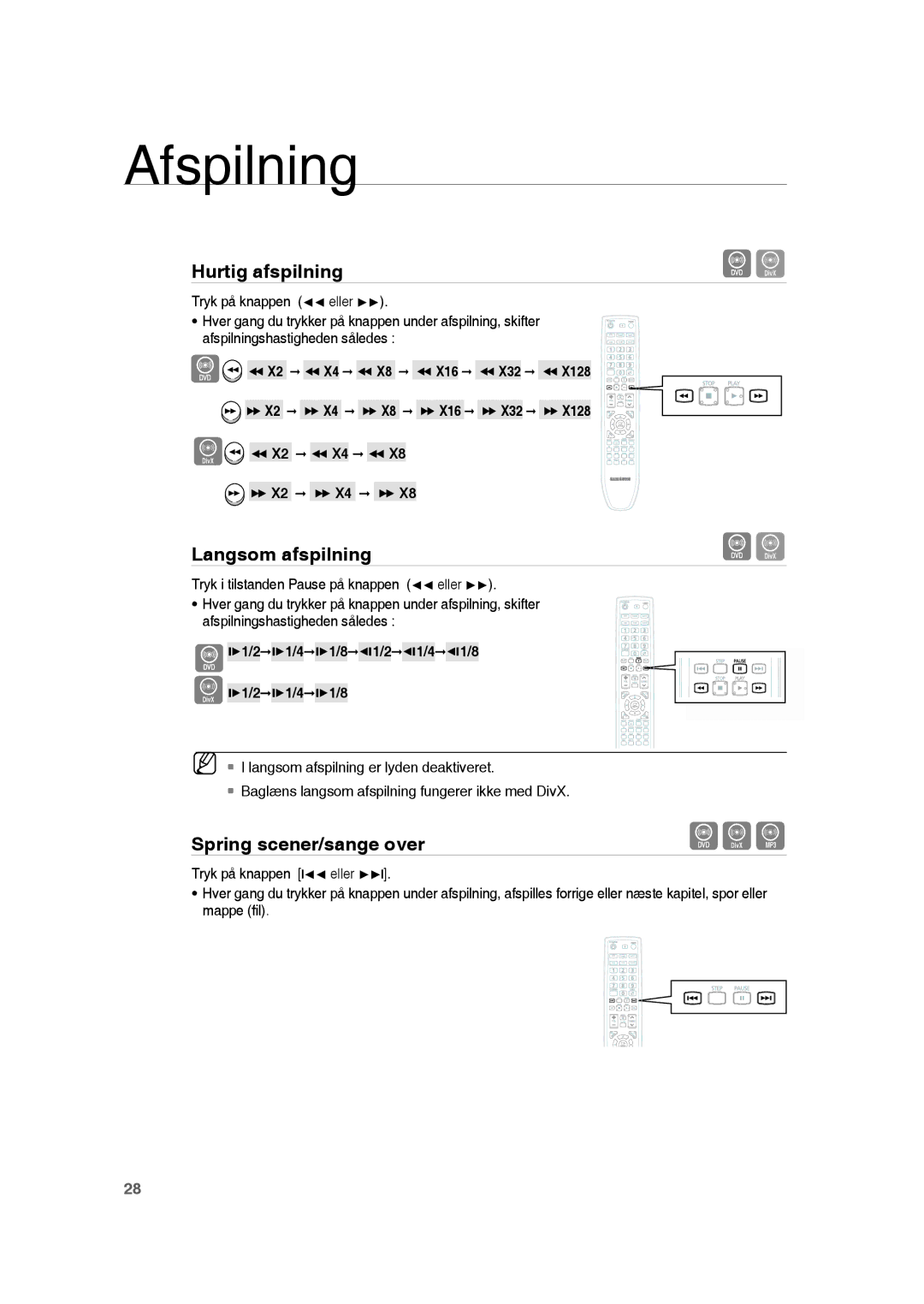 Samsung RTS-HE20T/XEE manual Langsom afspilning, Spring scener/sange over 