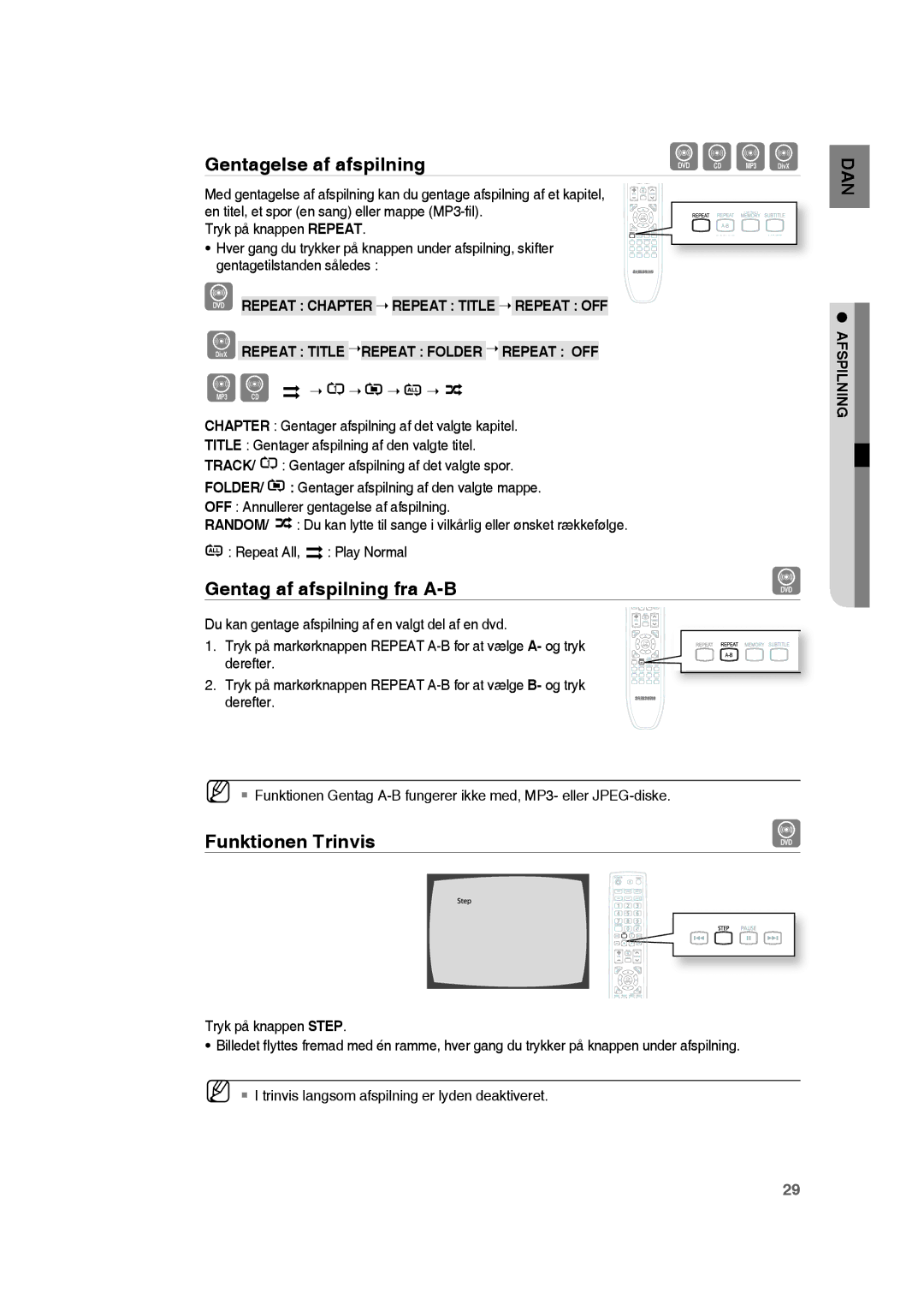 Samsung RTS-HE20T/XEE manual Gentagelse af afspilning, Gentag af afspilning fra A-B, Funktionen Trinvis 