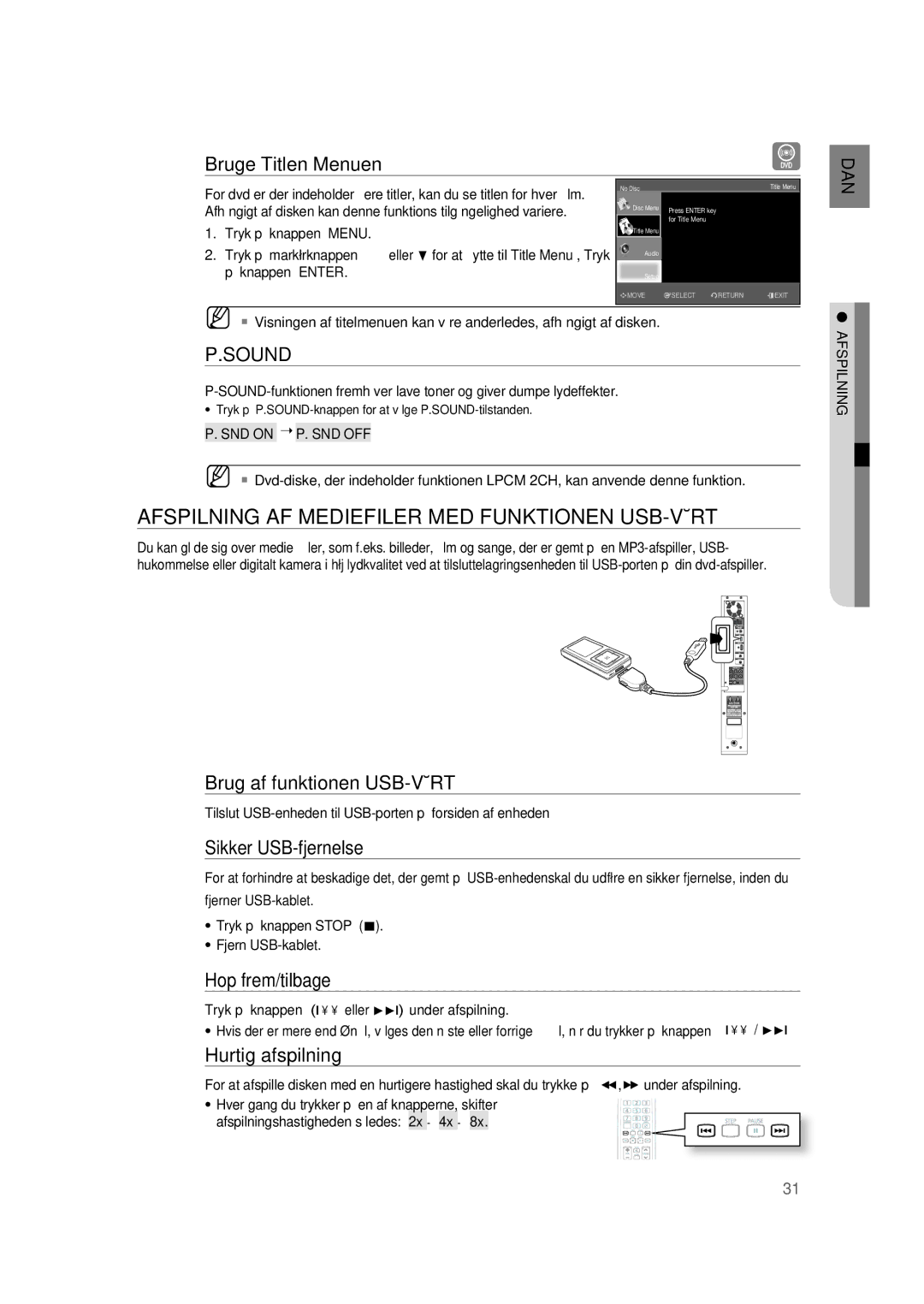 Samsung RTS-HE20T/XEE Afspilning AF Mediefiler MED Funktionen USB-VÆRT, Bruge Titlen Menuen, Brug af funktionen USB-VÆRT 