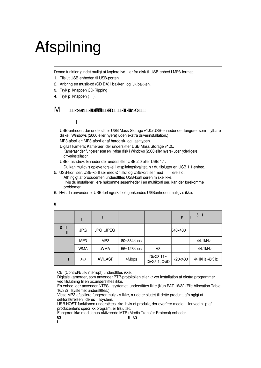 Samsung RTS-HE20T/XEE manual CD ripning, Kompatible enheder, Navn p Filtypenavn Bithastighed Version Pixel Samplings 