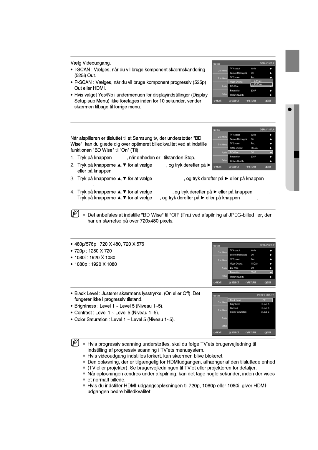 Samsung RTS-HE20T/XEE manual Video Output, BD-Wise, Resolution, Picture quality, Enter 