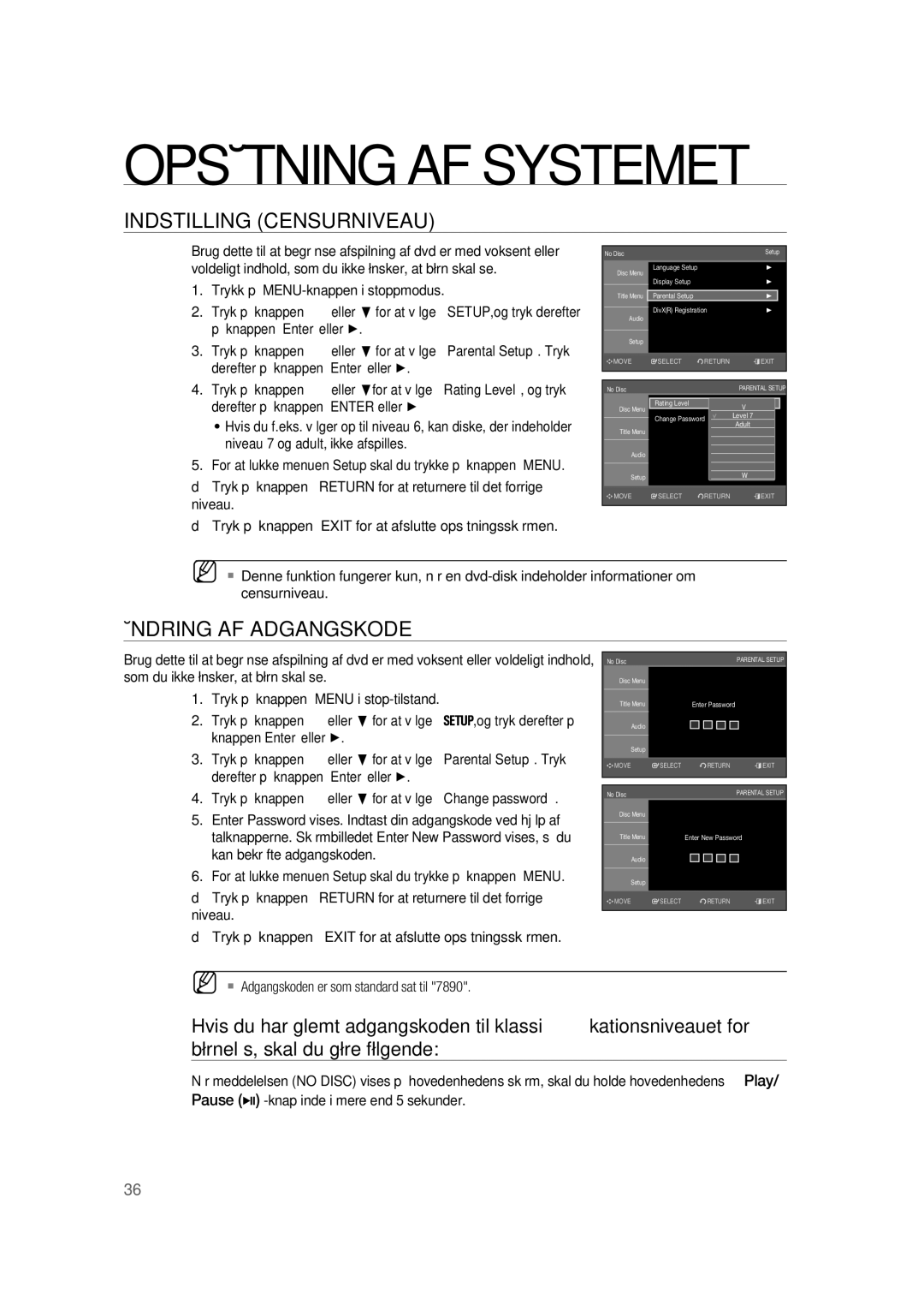 Samsung RTS-HE20T/XEE manual Indstilling Censurniveau, Ændring AF Adgangskode, Kan bekræfte adgangskoden 