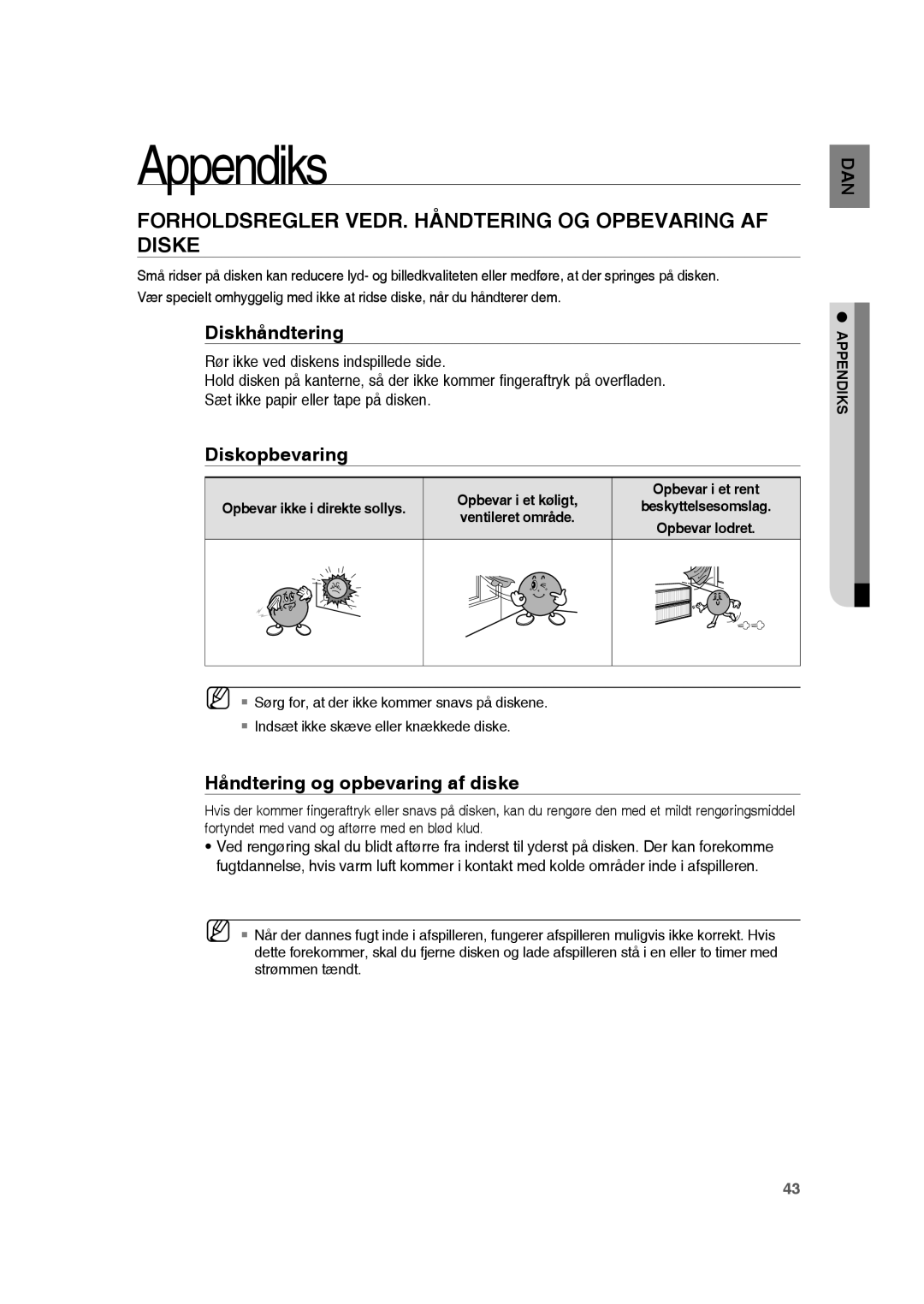 Samsung RTS-HE20T/XEE Appendiks, Forholdsregler VEDR. Håndtering OG Opbevaring AF Diske, Diskhåndtering, Diskopbevaring 