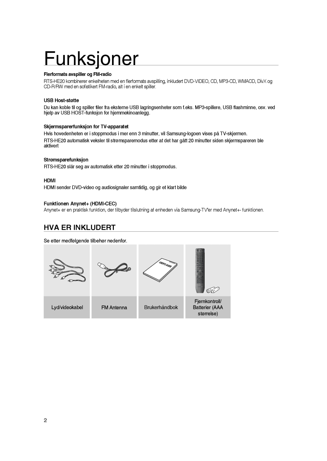 Samsung RTS-HE20T/XEE manual Funksjoner, HVA ER Inkludert 