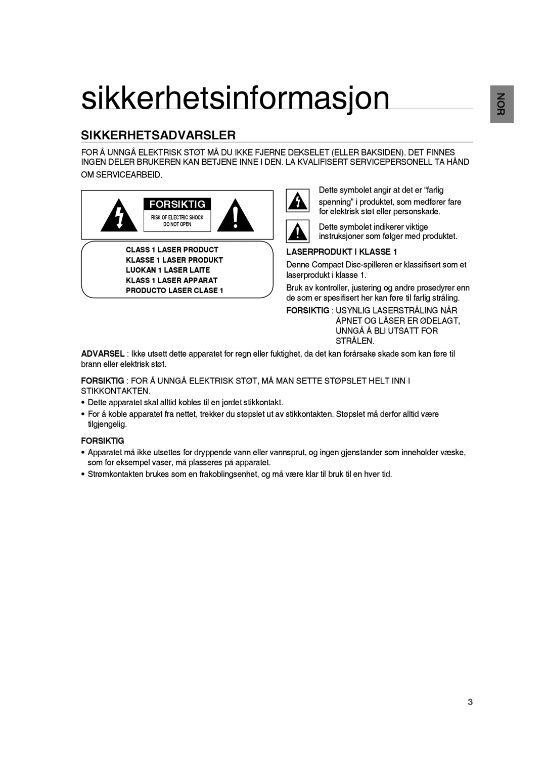 Samsung RTS-HE20T/XEE manual Sikkerhetsinformasjon, Sikkerhetsadvarsler, Dette symbolet angir at det er farlig, Forsiktig 