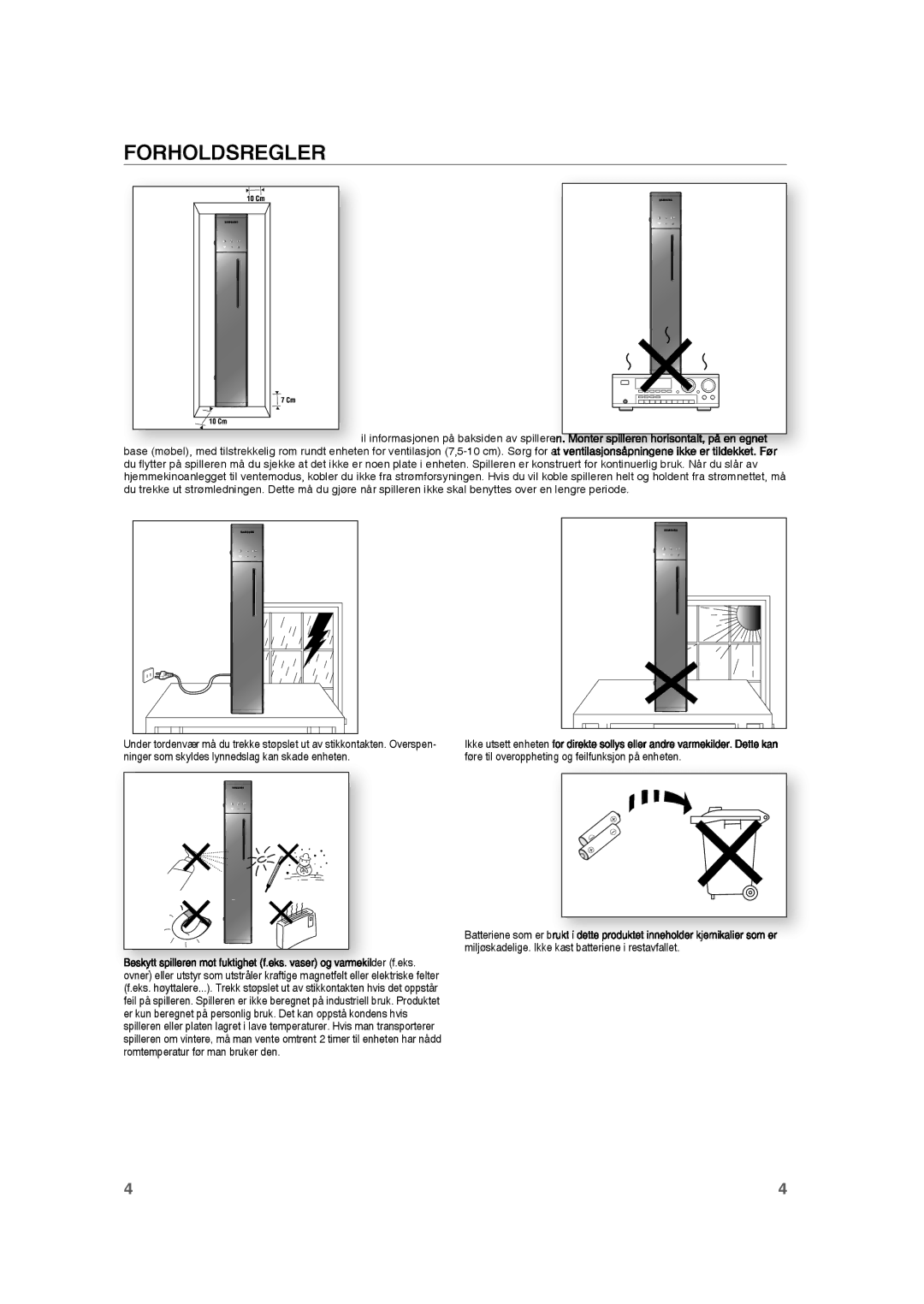 Samsung RTS-HE20T/XEE manual Forholdsregler 