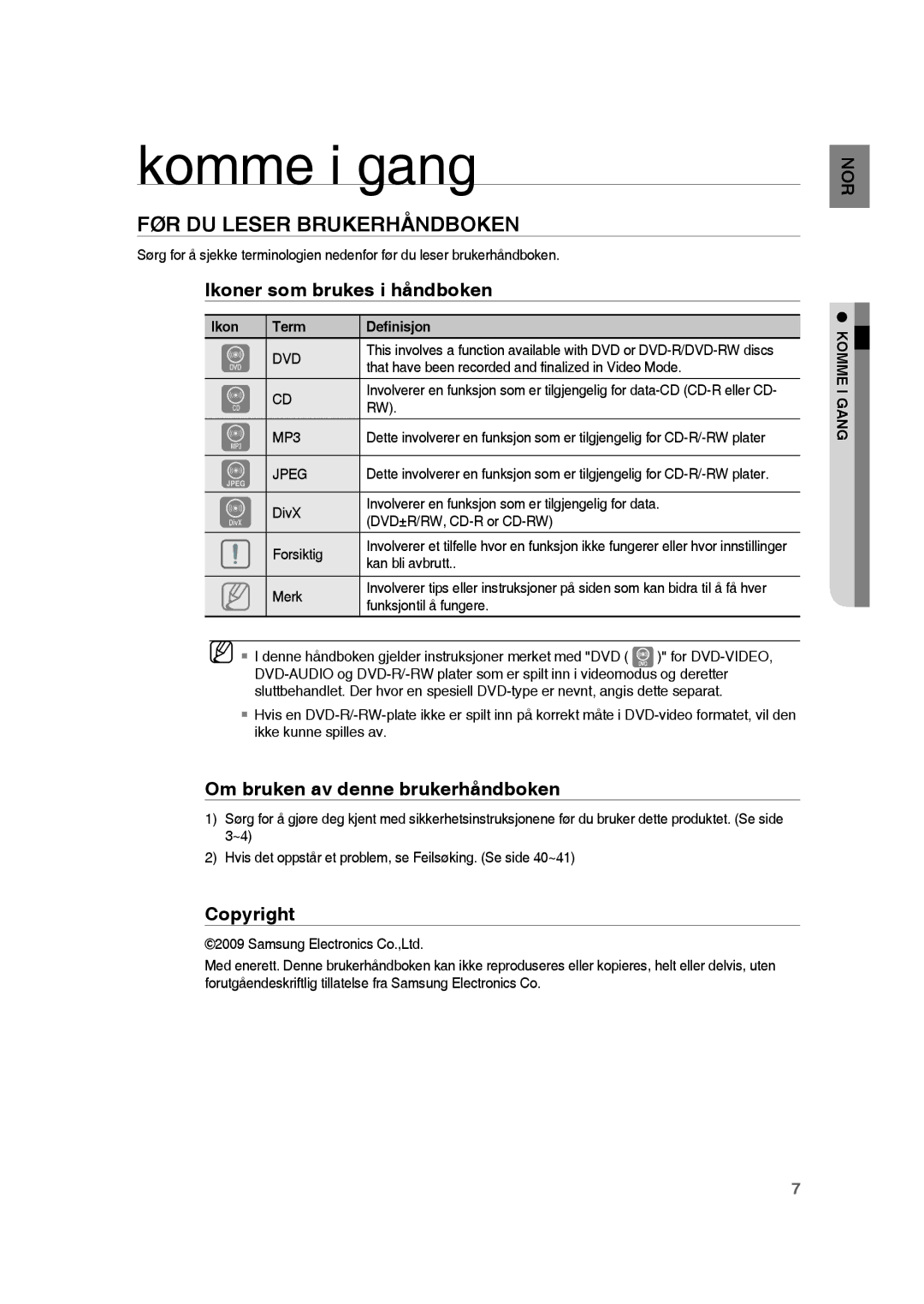 Samsung RTS-HE20T/XEE manual Komme i gang, FØR DU Leser Brukerhåndboken, Ikoner som brukes i håndboken, Komme I Gang 