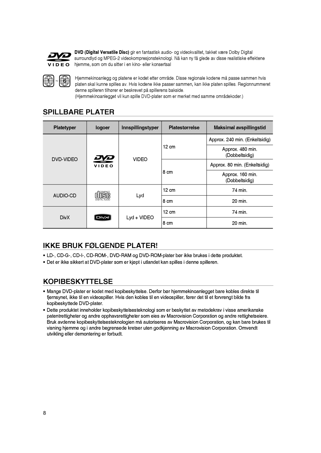 Samsung RTS-HE20T/XEE manual Spillbare Plater, Ikke Bruk Følgende Plater, Platestørrelse 