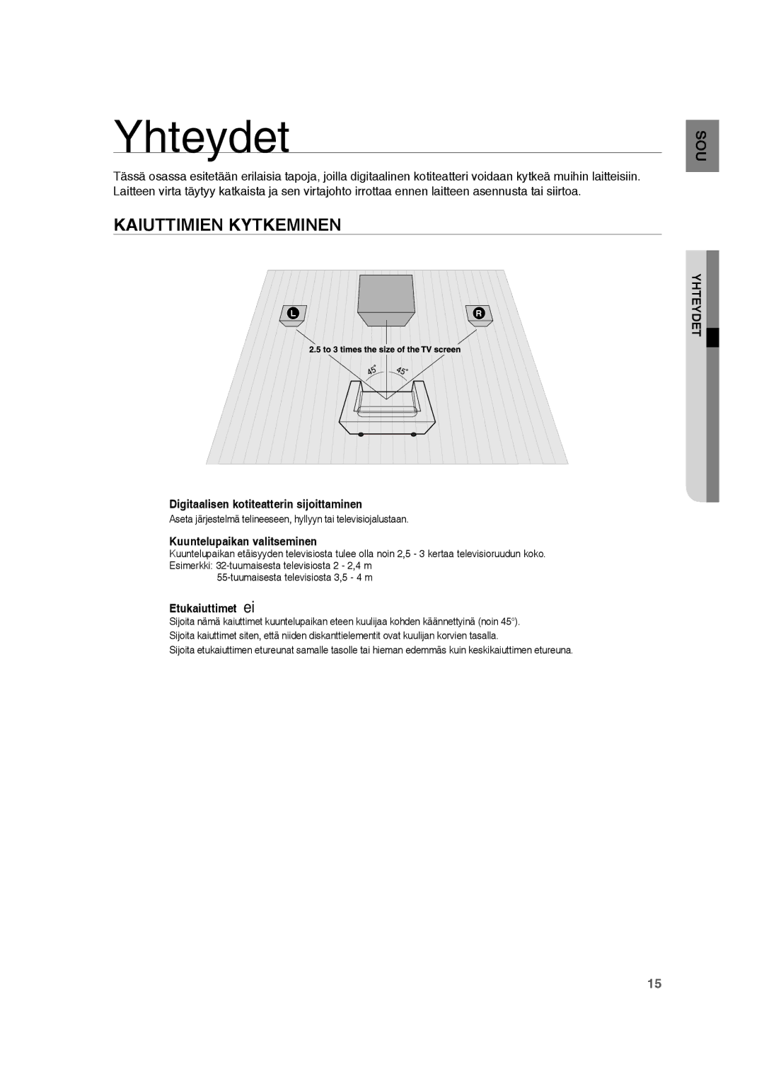 Samsung RTS-HE20T/XEE manual Yhteydet, Kaiuttimien Kytkeminen 