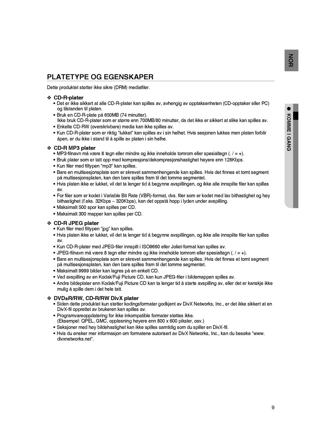 Samsung RTS-HE20T/XEE manual Platetype OG Egenskaper, CD-R-plater, CD-R MP3 plater, CD-R Jpeg plater 