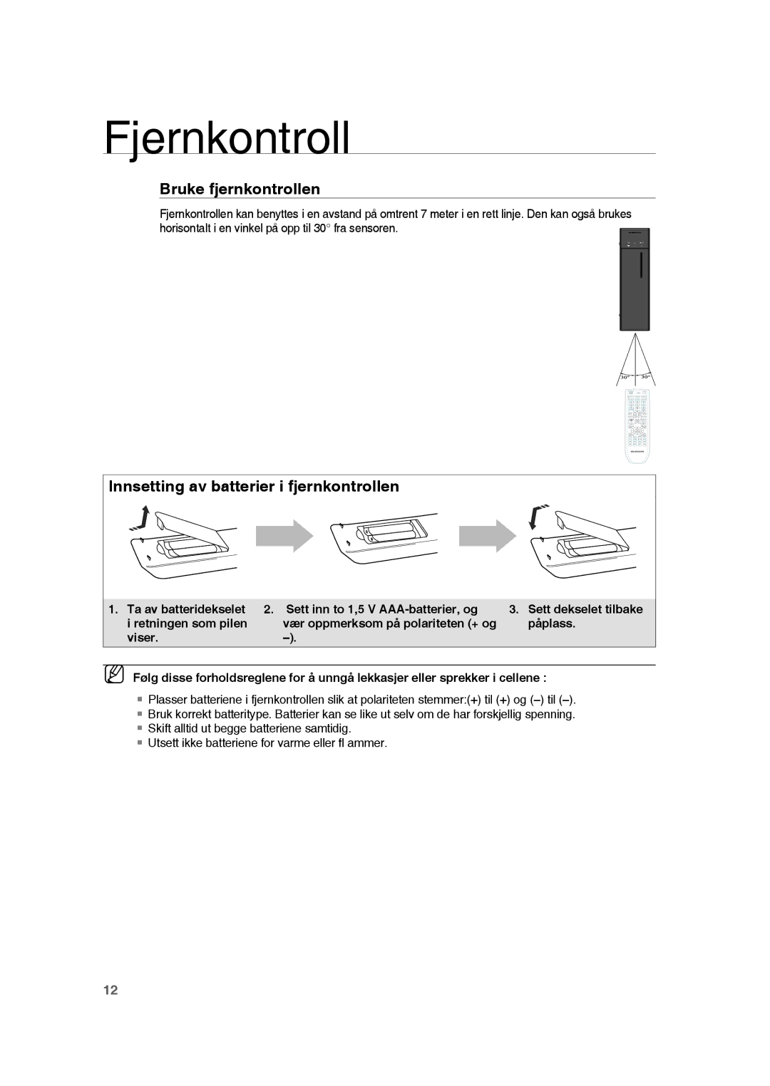 Samsung RTS-HE20T/XEE manual Fjernkontroll, Bruke fjernkontrollen, Innsetting av batterier i fjernkontrollen 