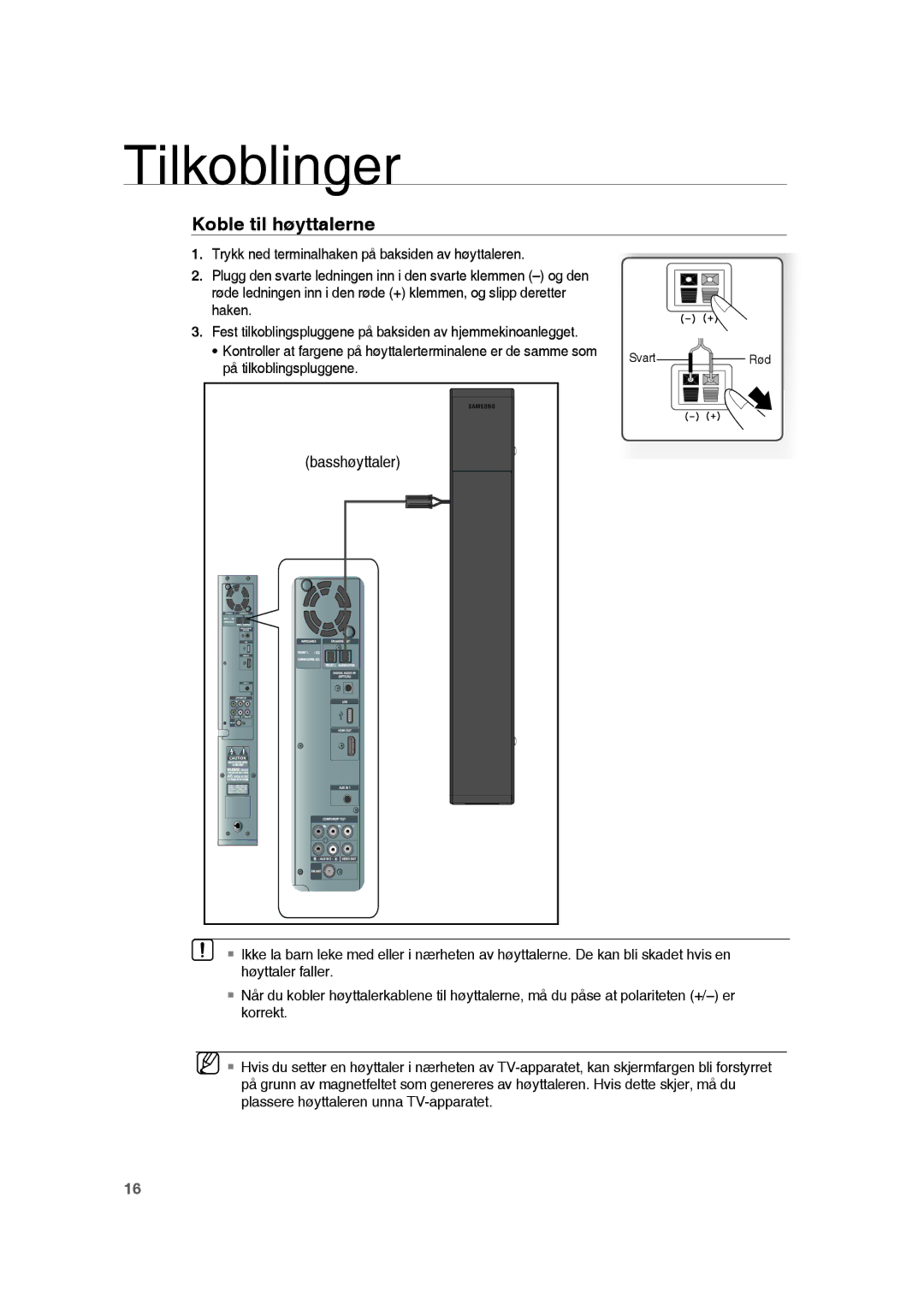 Samsung RTS-HE20T/XEE manual Koble til høyttalerne, På tilkoblingspluggene, Basshøyttaler 