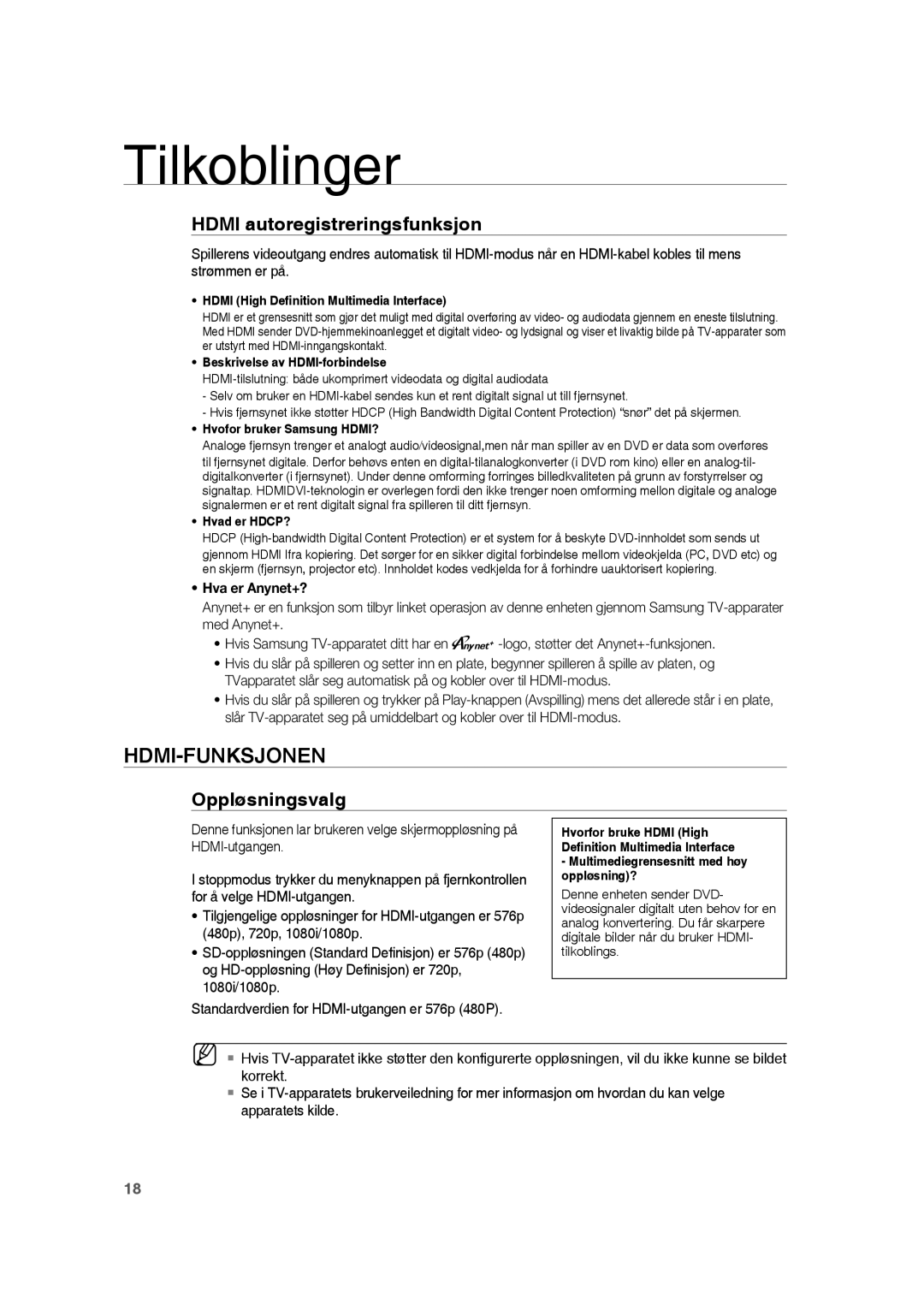 Samsung RTS-HE20T/XEE manual Hdmi-Funksjonen, Hdmi autoregistreringsfunksjon, Oppløsningsvalg 