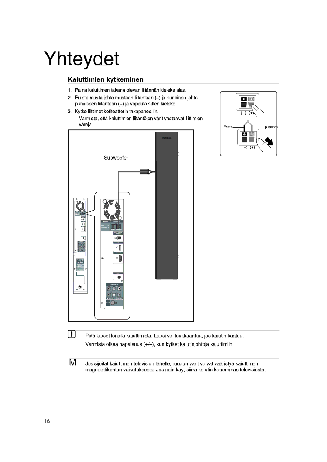 Samsung RTS-HE20T/XEE manual Kaiuttimien kytkeminen, Paina kaiuttimen takana olevan liitännän kieleke alas, Värejä 