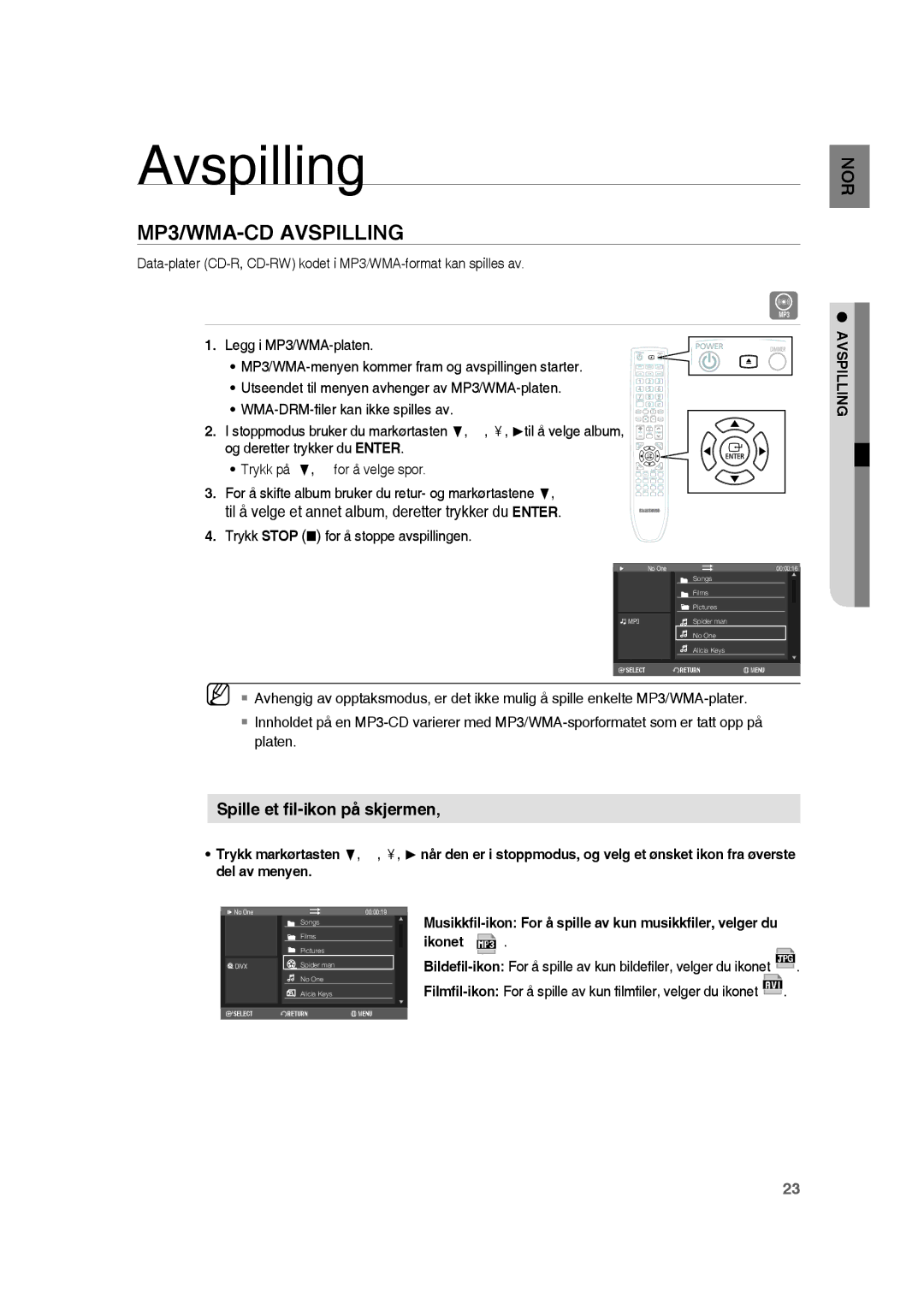 Samsung RTS-HE20T/XEE manual MP3/WMA-CD Avspilling, Trykk Stop for å stoppe avspillingen 