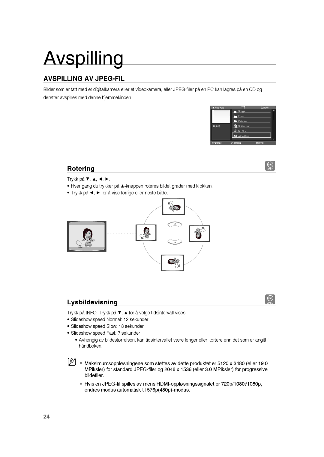 Samsung RTS-HE20T/XEE manual Avspilling AV JPEG-FIL, Lysbildevisning 