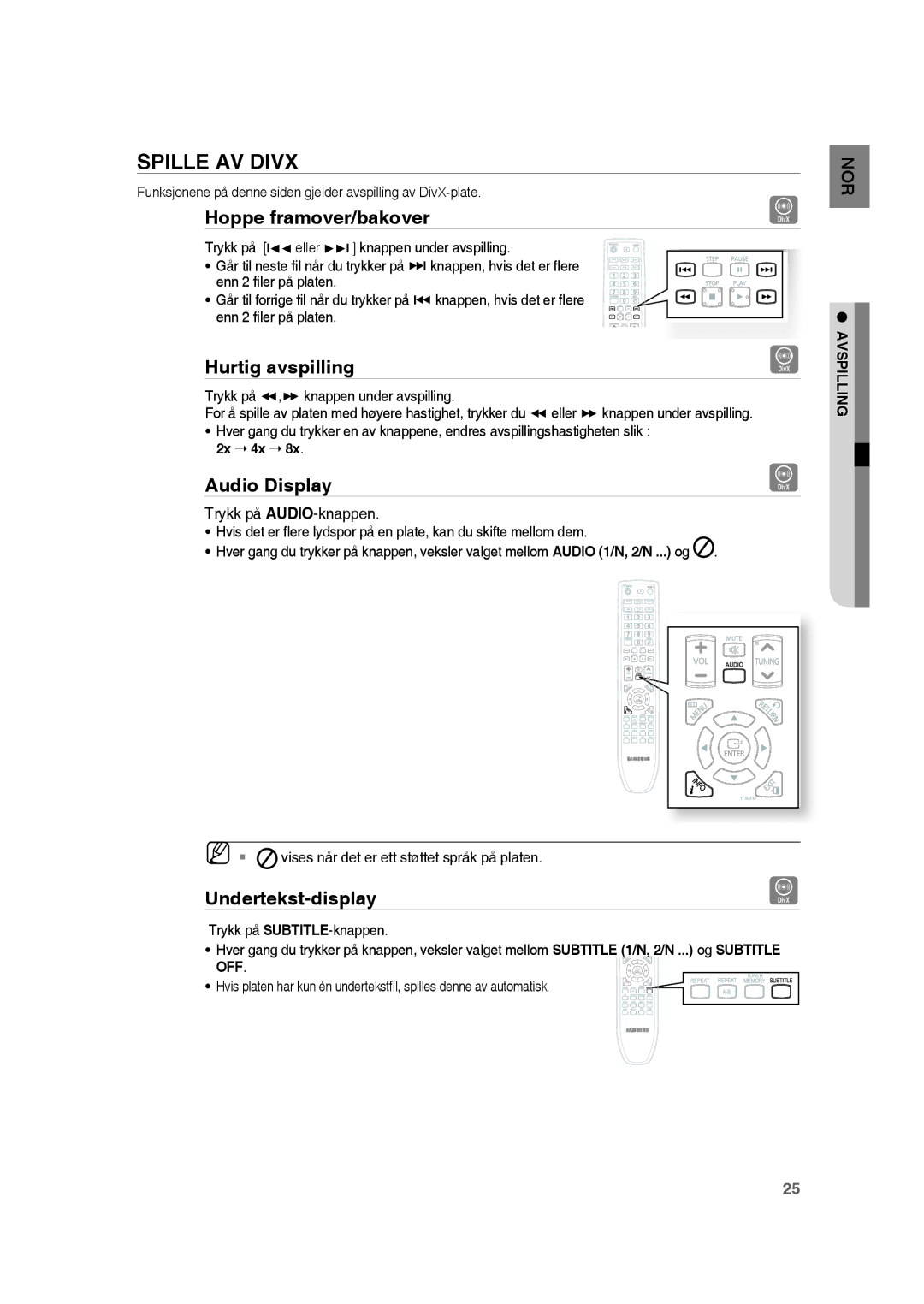 Samsung RTS-HE20T/XEE manual Spille AV Divx, Hoppe framover/bakover, Hurtig avspilling, Audio Display, Undertekst-display 