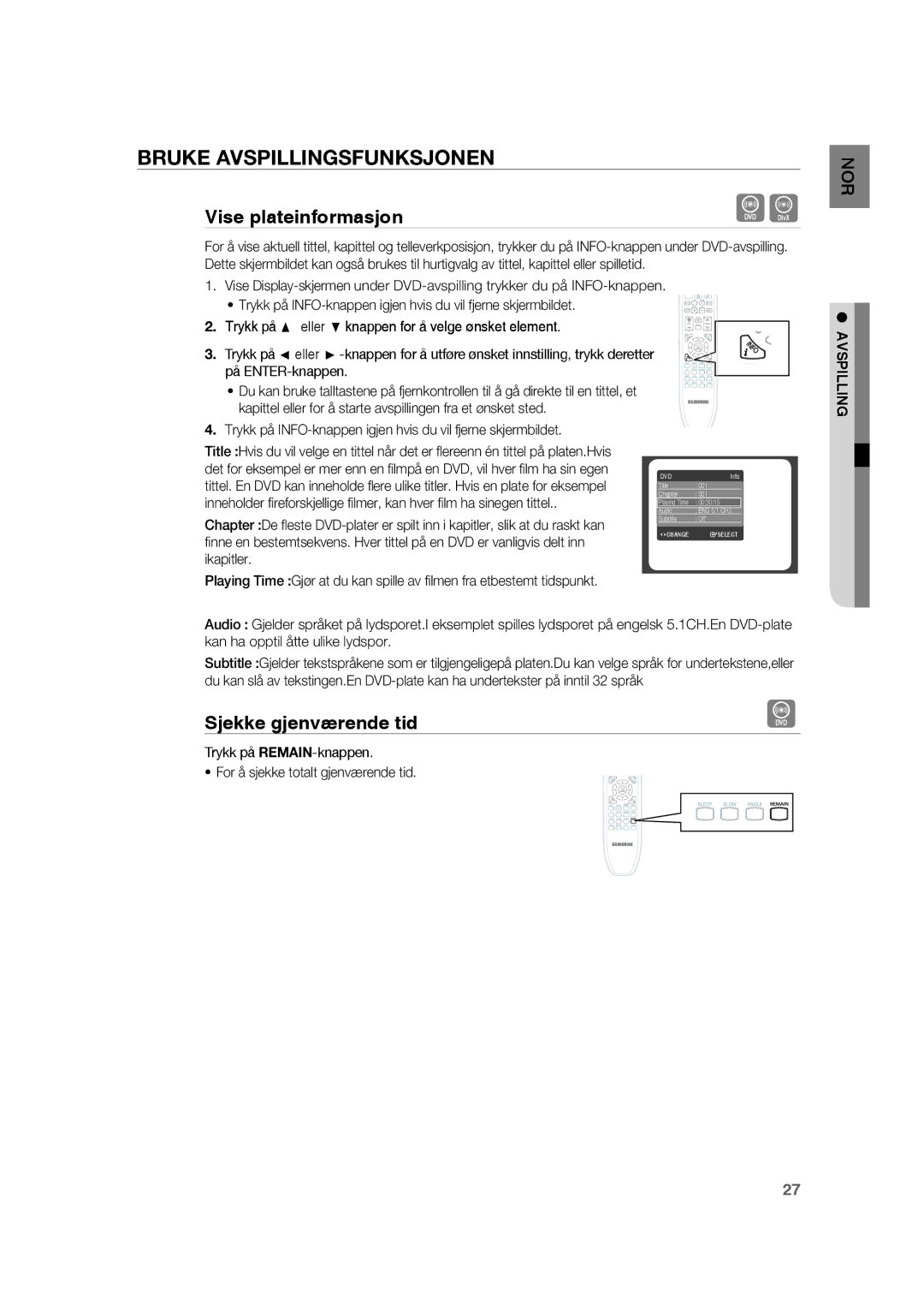 Samsung RTS-HE20T/XEE manual Vise plateinformasjon, Sjekke gjenværende tid 