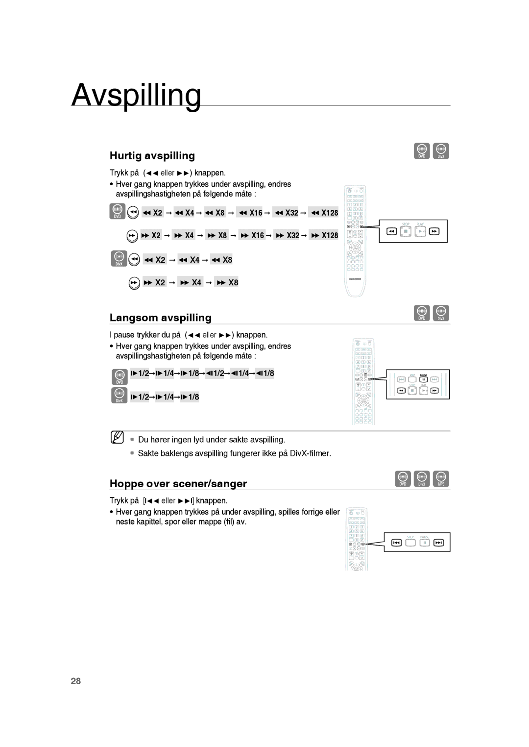 Samsung RTS-HE20T/XEE manual Langsom avspilling, Hoppe over scener/sanger, Trykk på √√ eller knappen 