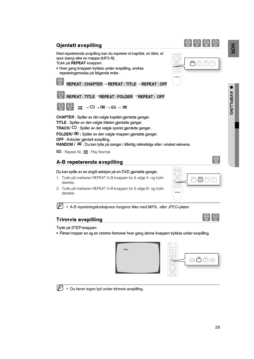 Samsung RTS-HE20T/XEE manual Gjentatt avspilling, Repeterende avspilling, Trinnvis avspilling, Trykk på STEP-knappen 