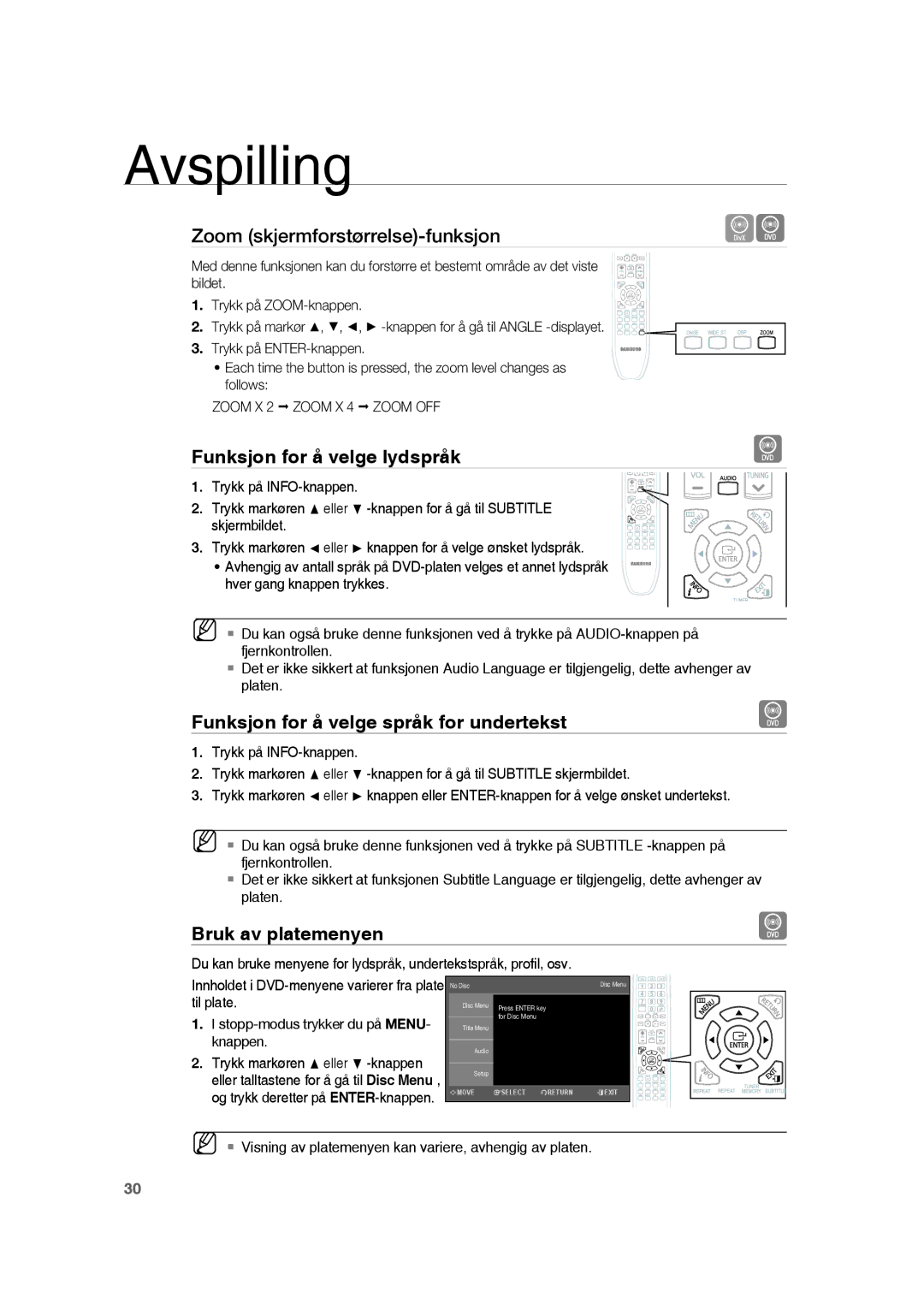 Samsung RTS-HE20T/XEE manual Funksjon for å velge lydspråk, Funksjon for å velge språk for undertekst, Bruk av platemenyen 