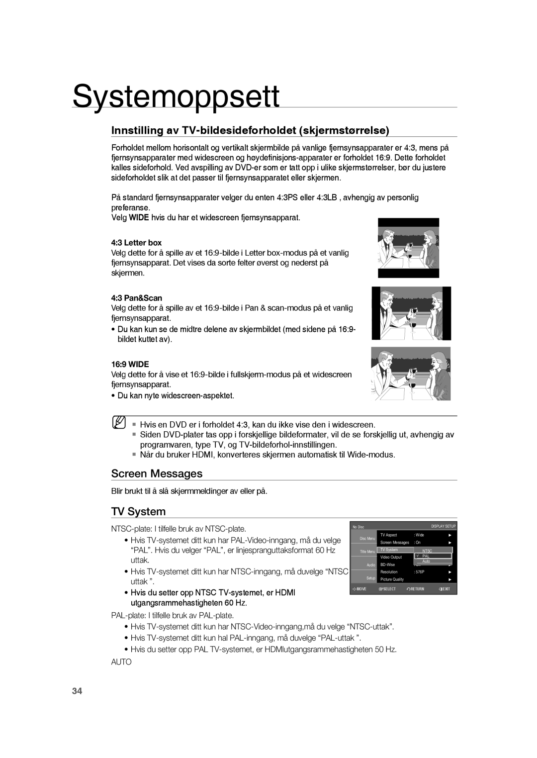 Samsung RTS-HE20T/XEE manual Innstilling av TV-bildesideforholdet skjermstørrelse, 43 Pan&Scan 