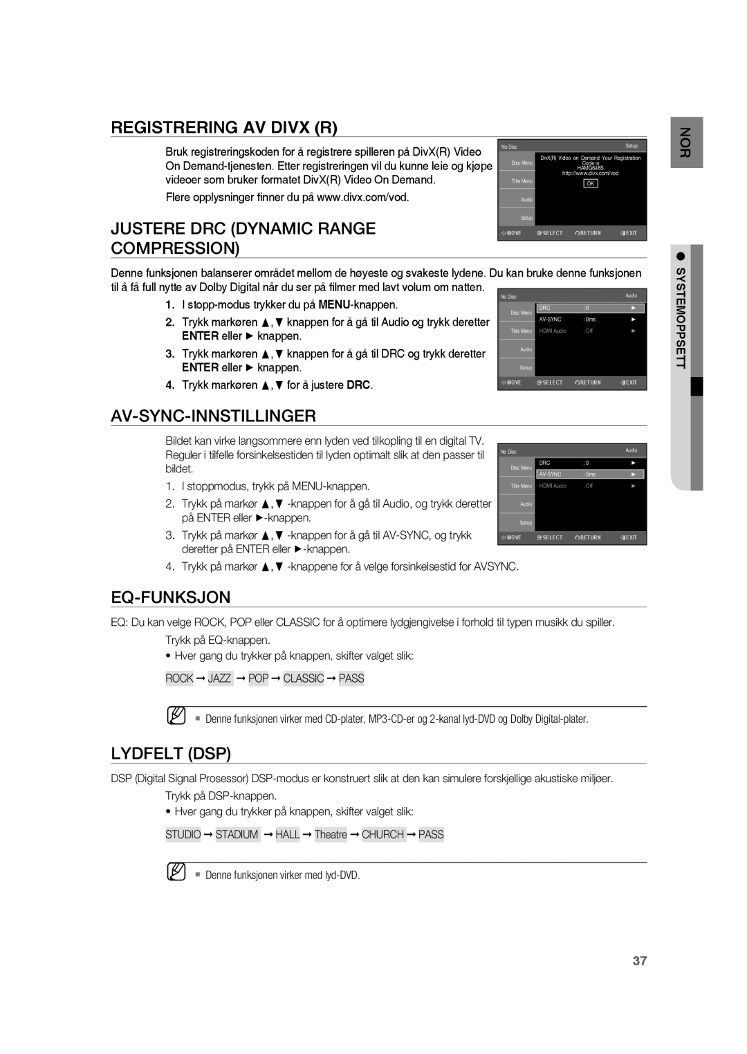 Samsung RTS-HE20T/XEE Registrering AV Divx R, Justere DRC Dynamic Range Compression, Av-Sync-Innstillinger, Eq-Funksjon 