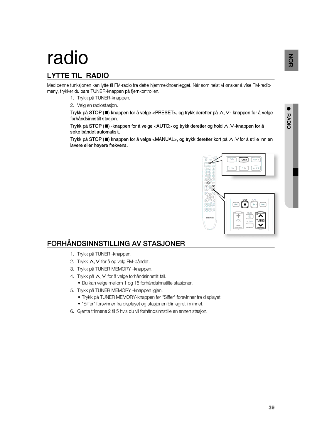 Samsung RTS-HE20T/XEE manual Lytte TIL Radio, Forhåndsinnstilling AV Stasjoner 