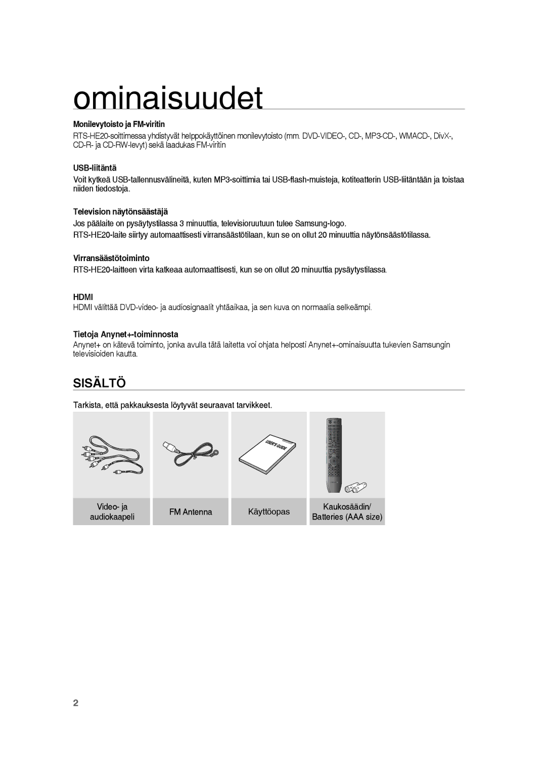 Samsung RTS-HE20T/XEE manual Ominaisuudet, Sisältö, Hdmi 