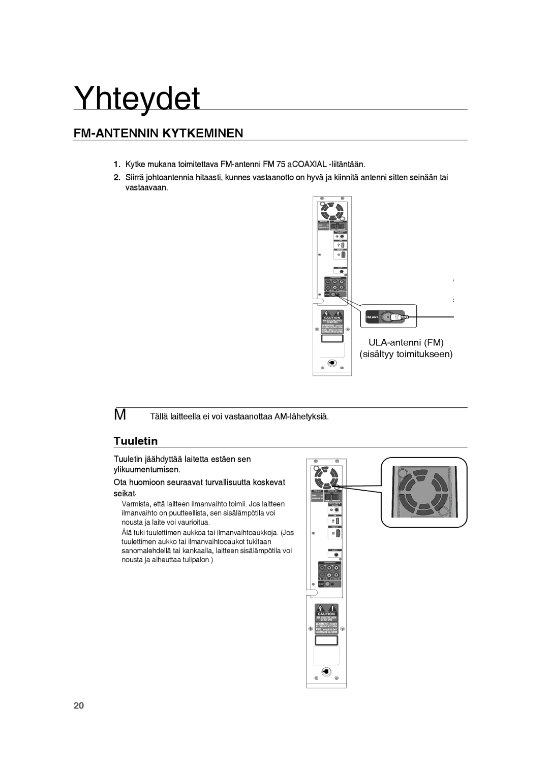 Samsung RTS-HE20T/XEE manual FM-ANTENNIN Kytkeminen, Tuuletin,  Tällä laitteella ei voi vastaanottaa AM-lähetyksiä 