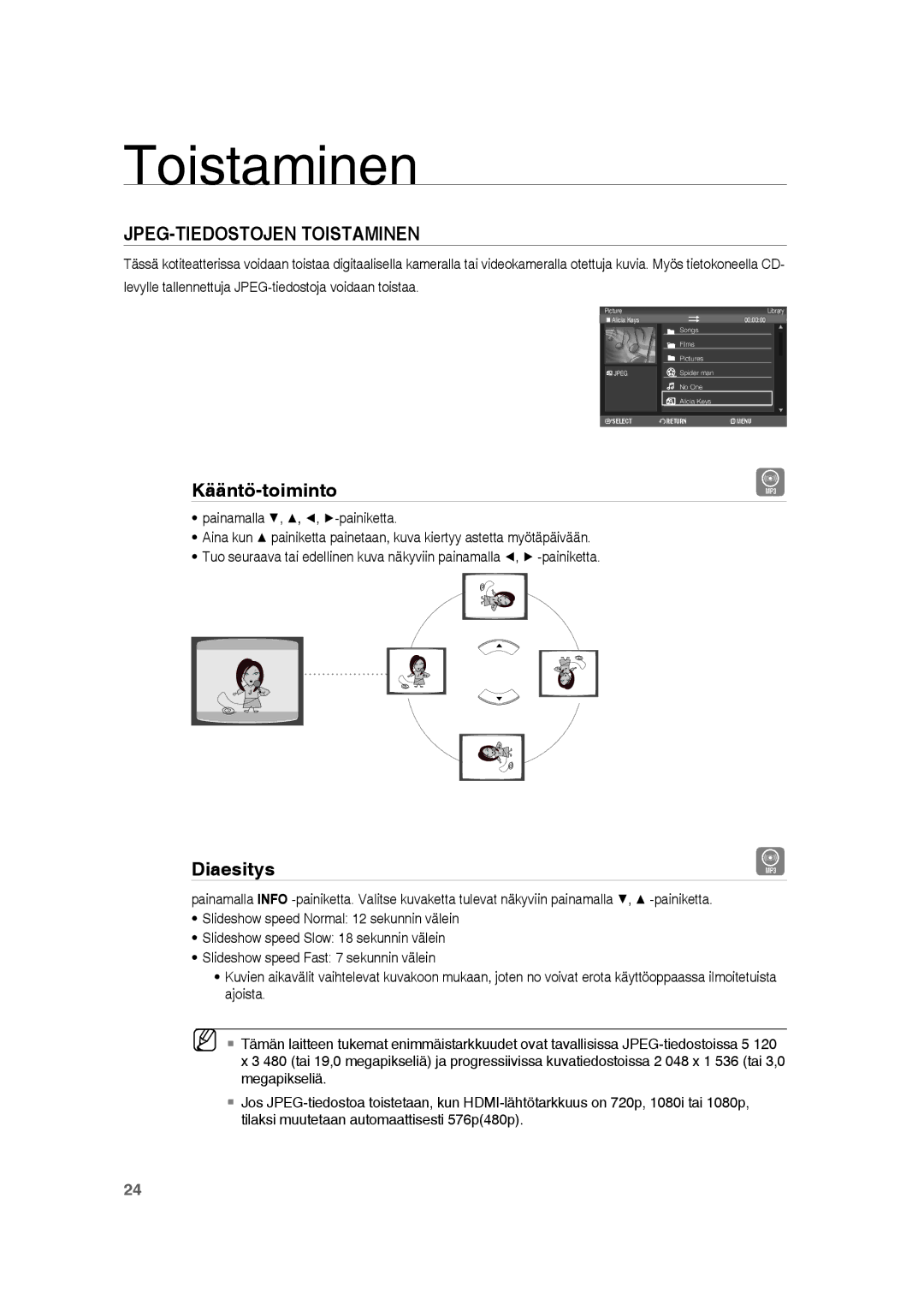 Samsung RTS-HE20T/XEE manual Kääntö-toiminto, Diaesitys 