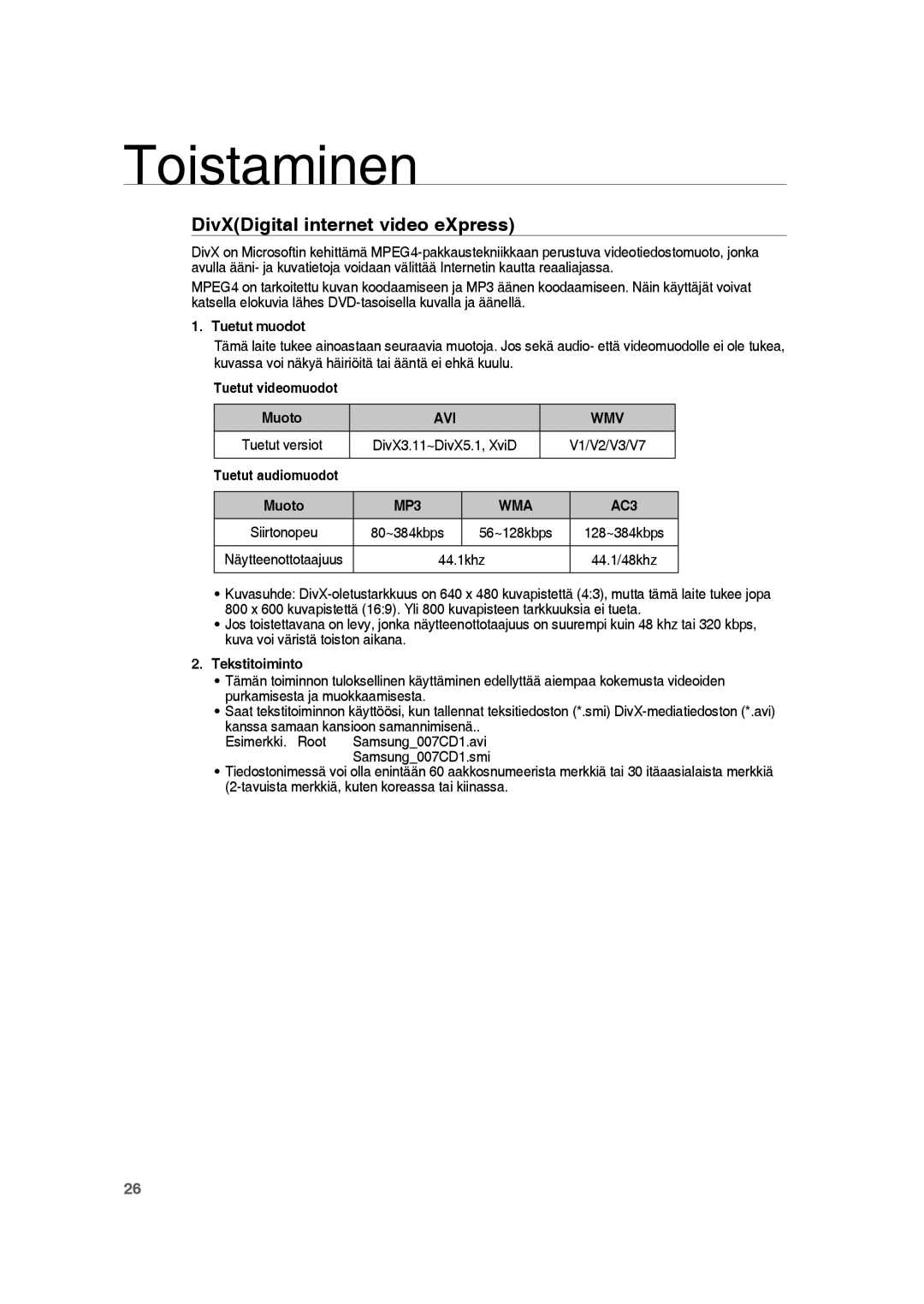 Samsung RTS-HE20T/XEE manual DivXDigital internet video eXpress, Avi Wmv 