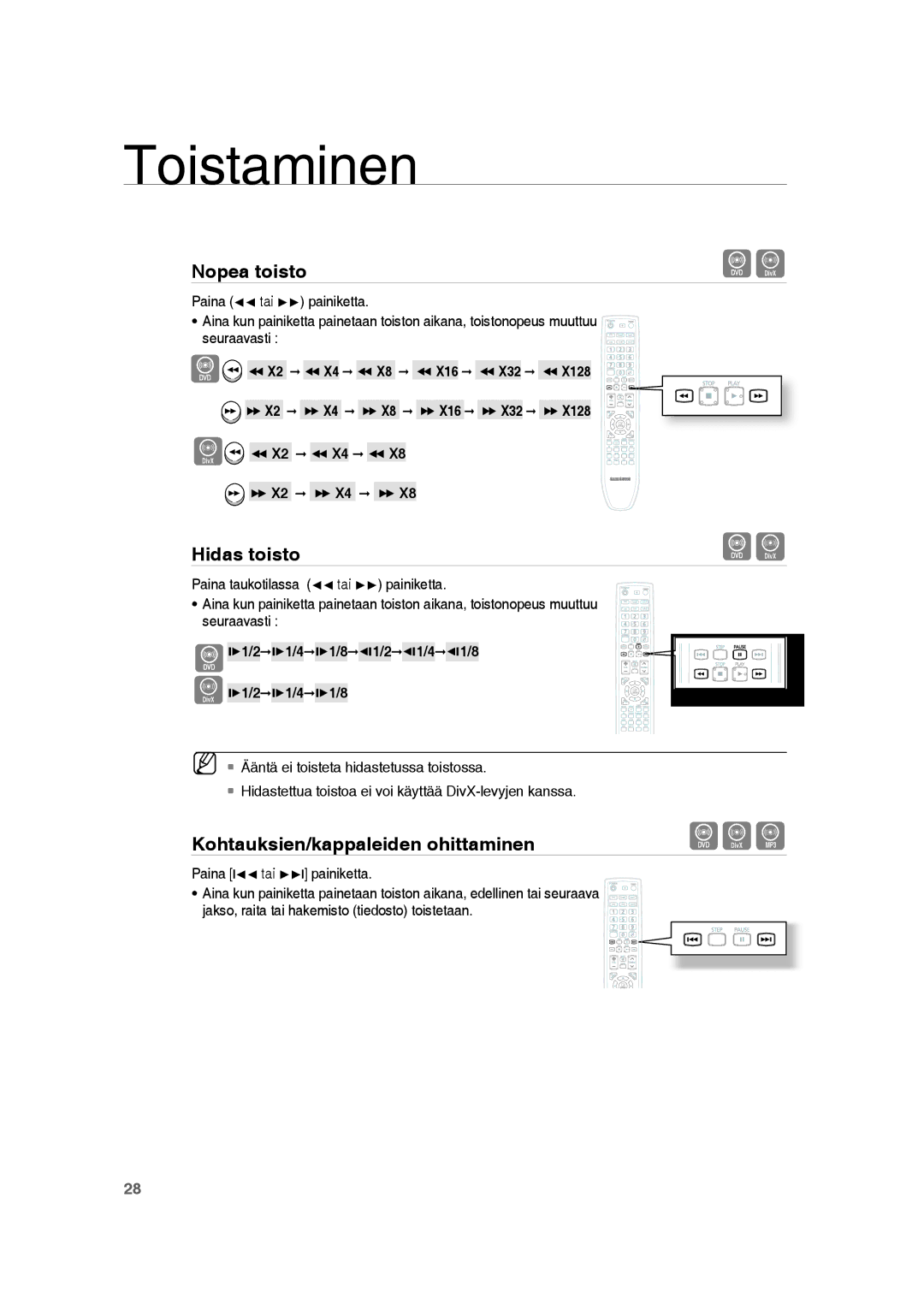 Samsung RTS-HE20T/XEE manual Hidas toisto, Kohtauksien/kappaleiden ohittaminen, 1/21/41/81/21/41/8 