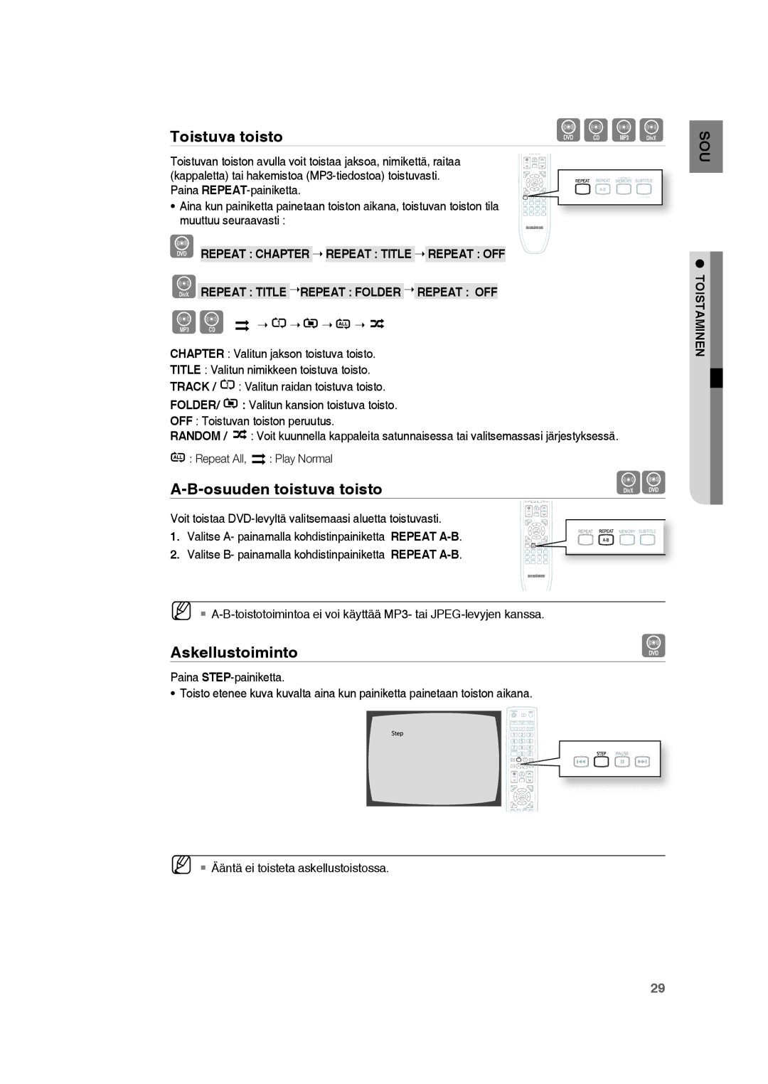 Samsung RTS-HE20T/XEE manual Toistuva toisto, Osuuden toistuva toisto, Askellustoiminto 