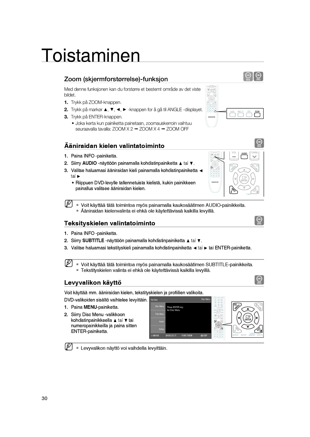 Samsung RTS-HE20T/XEE manual Ääniraidan kielen valintatoiminto, Teksityskielen valintatoiminto, Levyvalikon käyttö 